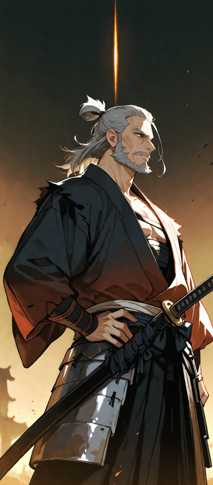 Eine im Anime-Stil gehaltene Illustration eines älteren, muskulösen Samurai mit grauem Haar und Bart, der ein schwarzes Kimono und eine Teilrüstung trägt und selbstbewusst auf einem Schlachtfeld bei Sonnenaufgang steht.