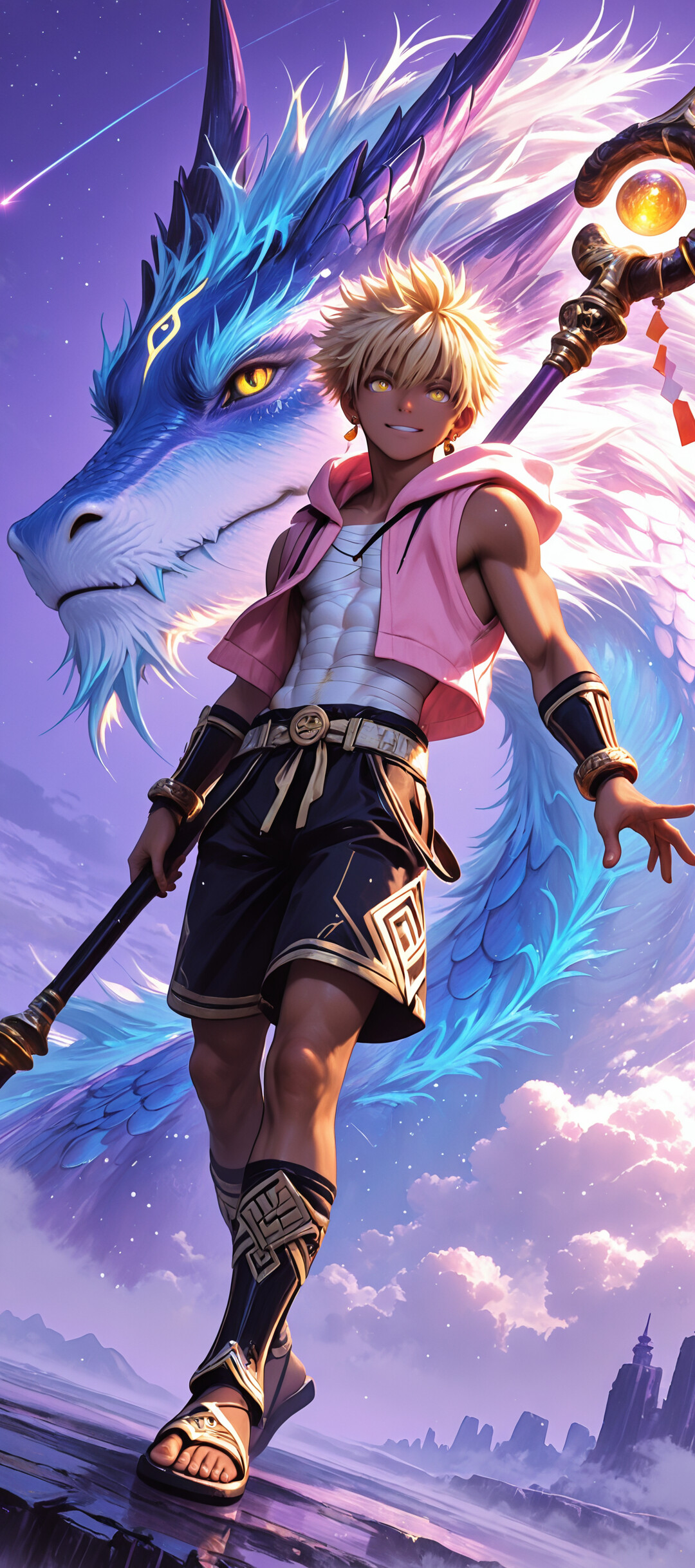 Ein junger Mann mit blonden Haaren und einem pinkfarbenen Kapuzenpullover hält einen magischen Stab und steht vor einem großen, blau-violetten Drachen unter einem sternenübersäten, violetten Himmel.