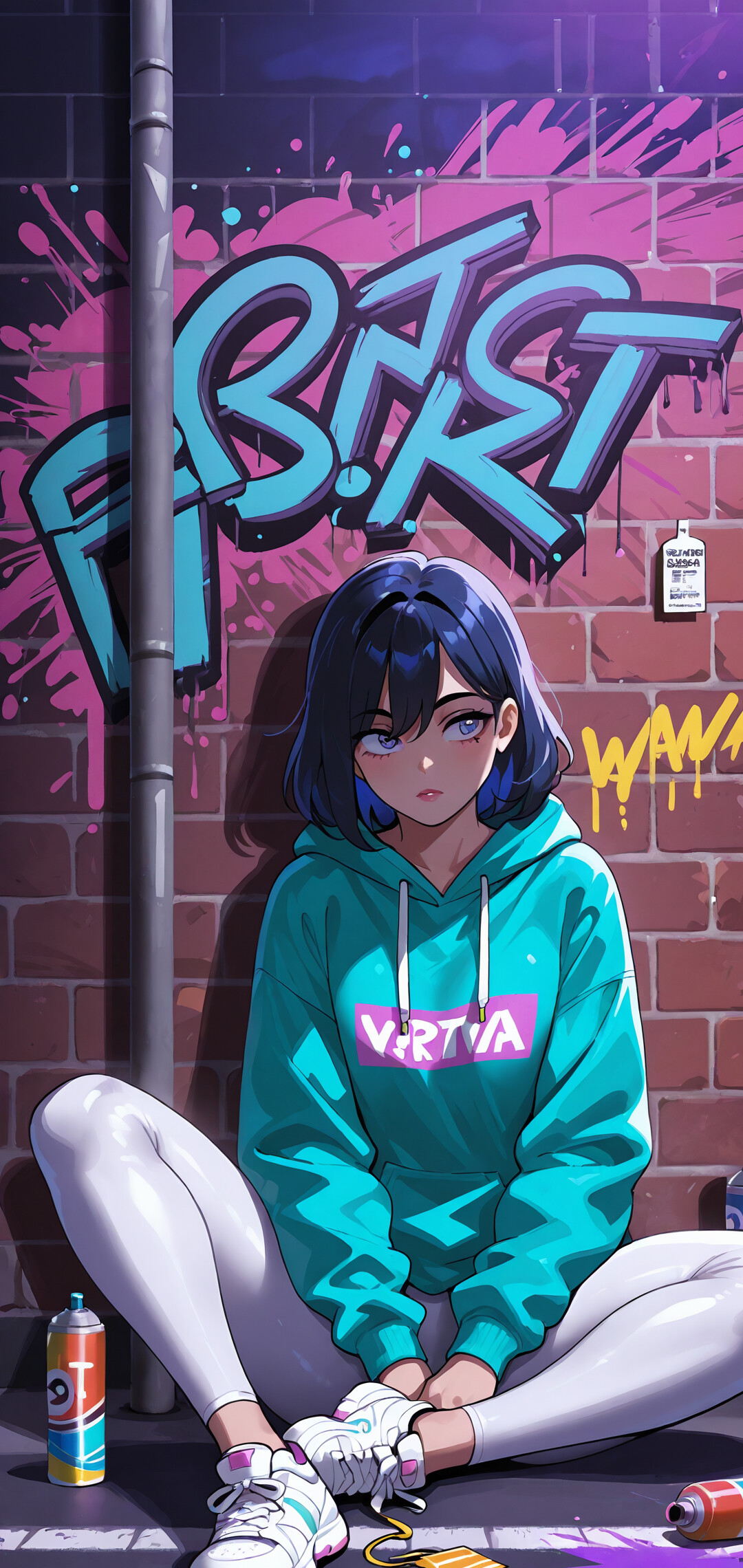Ein Anime-Mädchen mit kurzen, dunklen Haaren, das eine türkisfarbene Kapuzenjacke und weiße Leggings trägt, sitzt auf dem Bürgersteig und lehnt an einer Ziegelmauer mit bunten Graffiti.