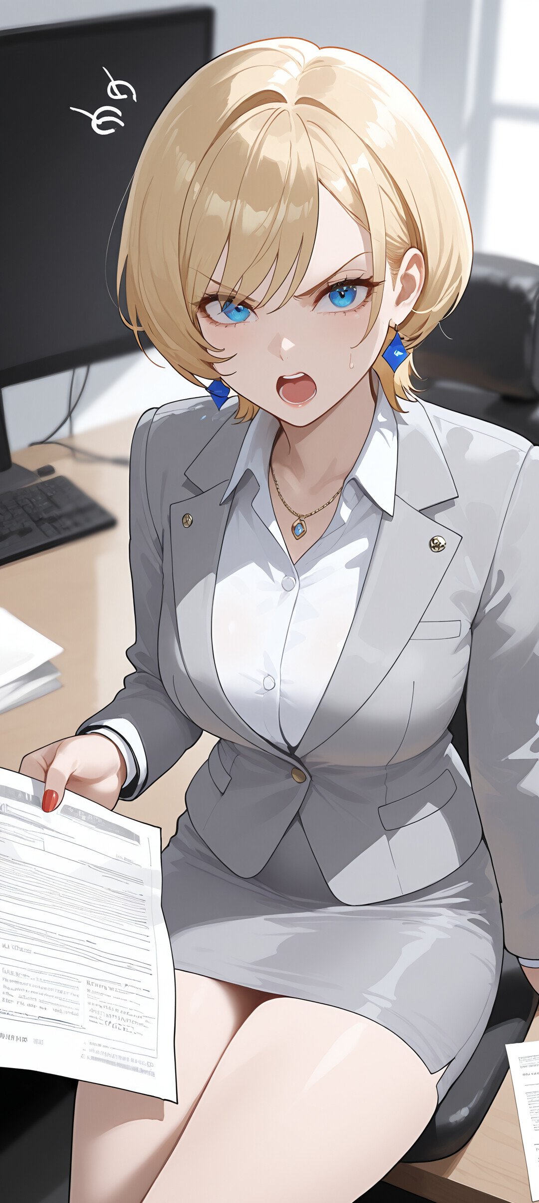 Eine im Anime-Stil gehaltene Illustration von Veronica Caleillu, einer Frau mit kurzen, blonden Haaren und blauen Augen, die wütend in einem grauen Businessanzug an einem Schreibtisch sitzt. Sie hält ein Telefon in der Hand und zeigt auf ein Blatt Papier.