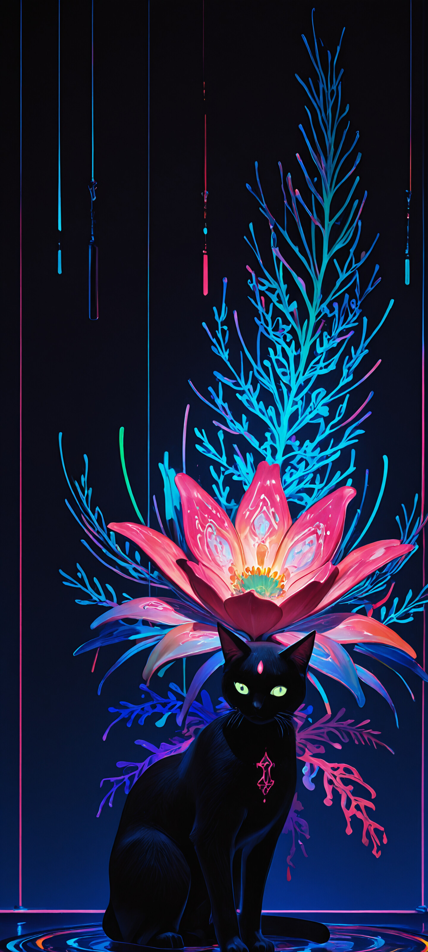Eine schwarze Katze steht auf einem gemusterten, neonfarbenen Boden vor einer großen Vase, in der ein prächtiges Blumenbouquet steht. Die Blumen leuchten in einem kräftigen Pink- und Blauton und bilden einen auffälligen Kontrast zu dem dunklen, futuristischen Hintergrund.