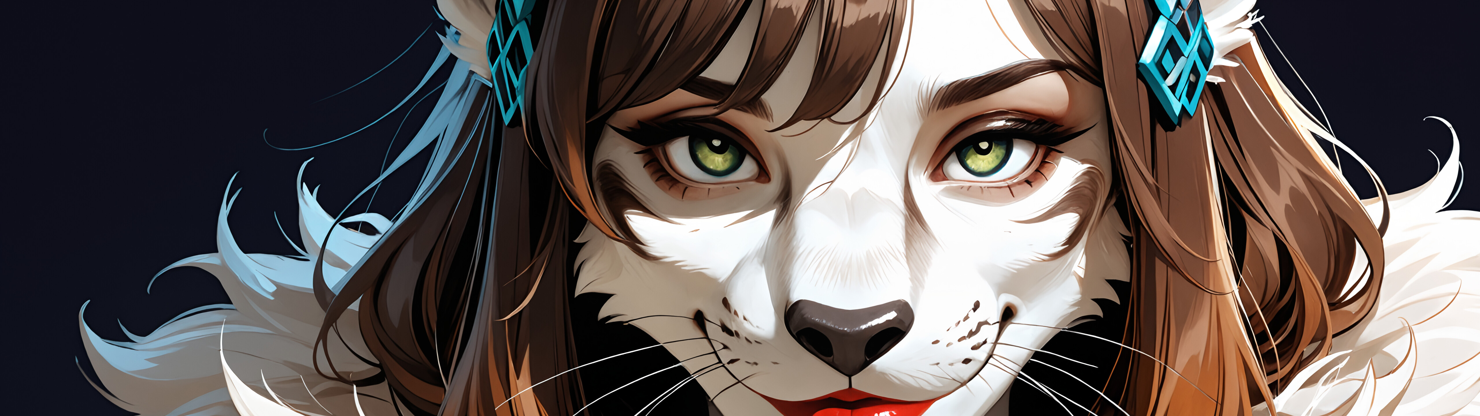 Ein detailliertes Porträt einer anthropomorphen, weiblichen Leopardin namens Zinx mit langem, braunem Haar, leuchtend grünen Augen, roten Lippen und einem schwarzen Handschuh, die den Betrachter sanft anlächelt.