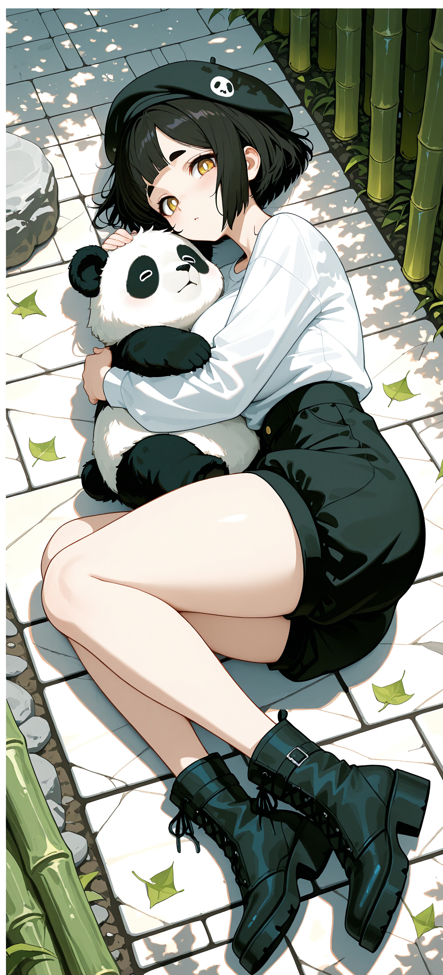 Ein Mädchen im Anime-Stil mit kurzem, schwarzem Haar und einer Panda-Mütze sitzt auf einem Steinpfad in einem Bambuswald und umarmt zärtlich einen großen Panda-Bären.