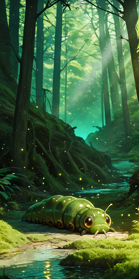 Ein Mädchen im Anime-Stil mit braunen Haaren, das ein großes, grünes Raupenkostüm trägt, liegt auf dem moosbedeckten Boden eines magischen Waldes und knabbert vergnügt an einem Blatt, während es vom Rücken des Tieres geschützt wird.