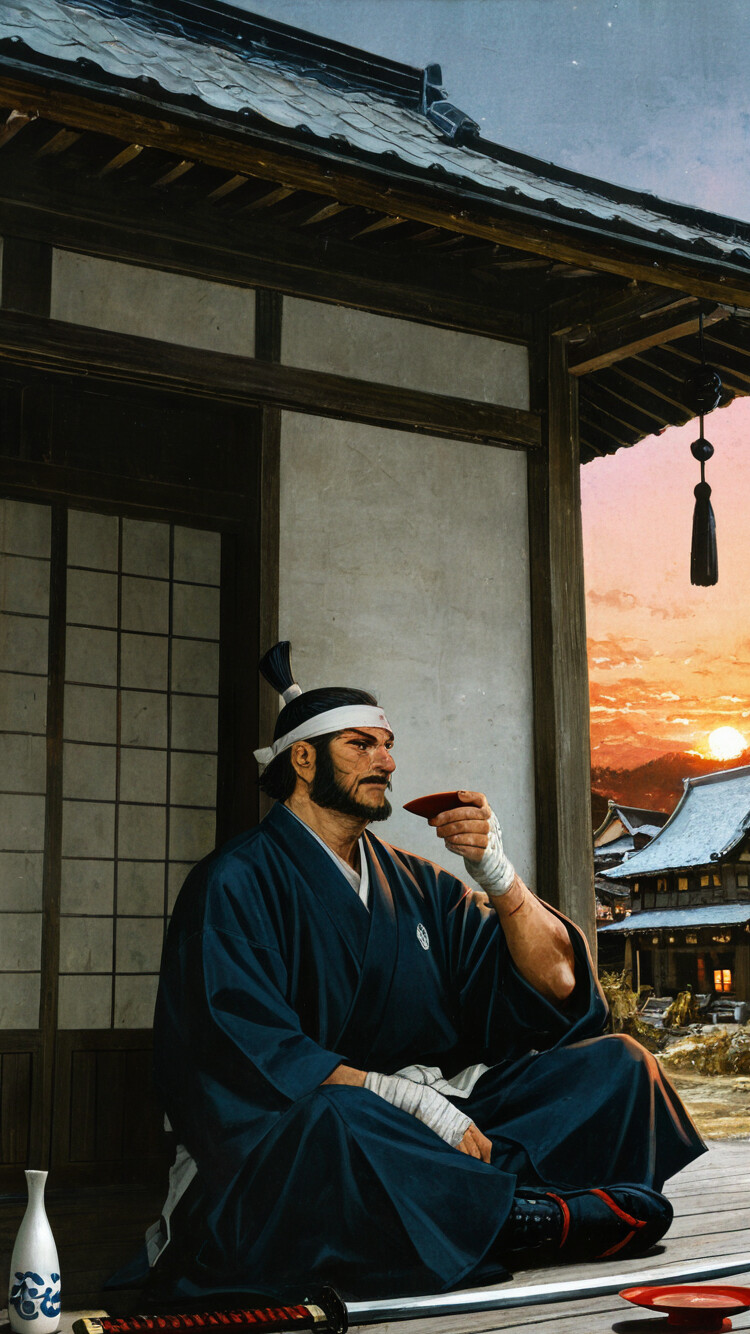 Eine Illustration eines erwachsenen Samurai mit Schnurrbart und zum Dutt gebundenem Haar, der auf einer Veranda bei Sonnenuntergang sitzt, eine rote Sake-Schale in der Hand hält und auf ein japanisches Dorf blickt.