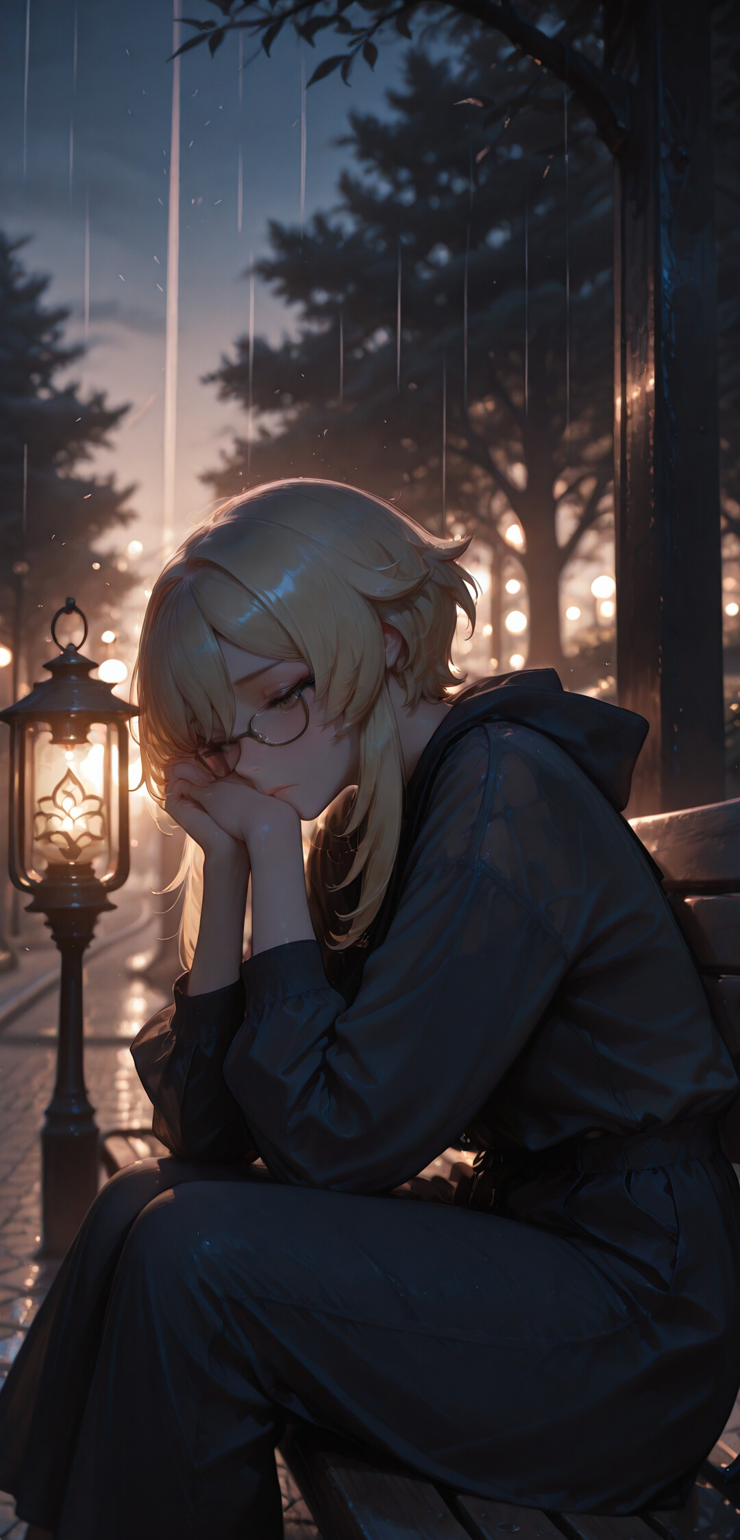 Ein blondhaariges Anime-Mädchen mit Brille, das als Lumine aus Genshin Impact identifiziert wurde, sitzt traurig auf einer Parkbank in der Nacht im Regen, wobei ihr Kopf in ihren Händen ruht. Neben ihr steht eine leuchtende Laterne.