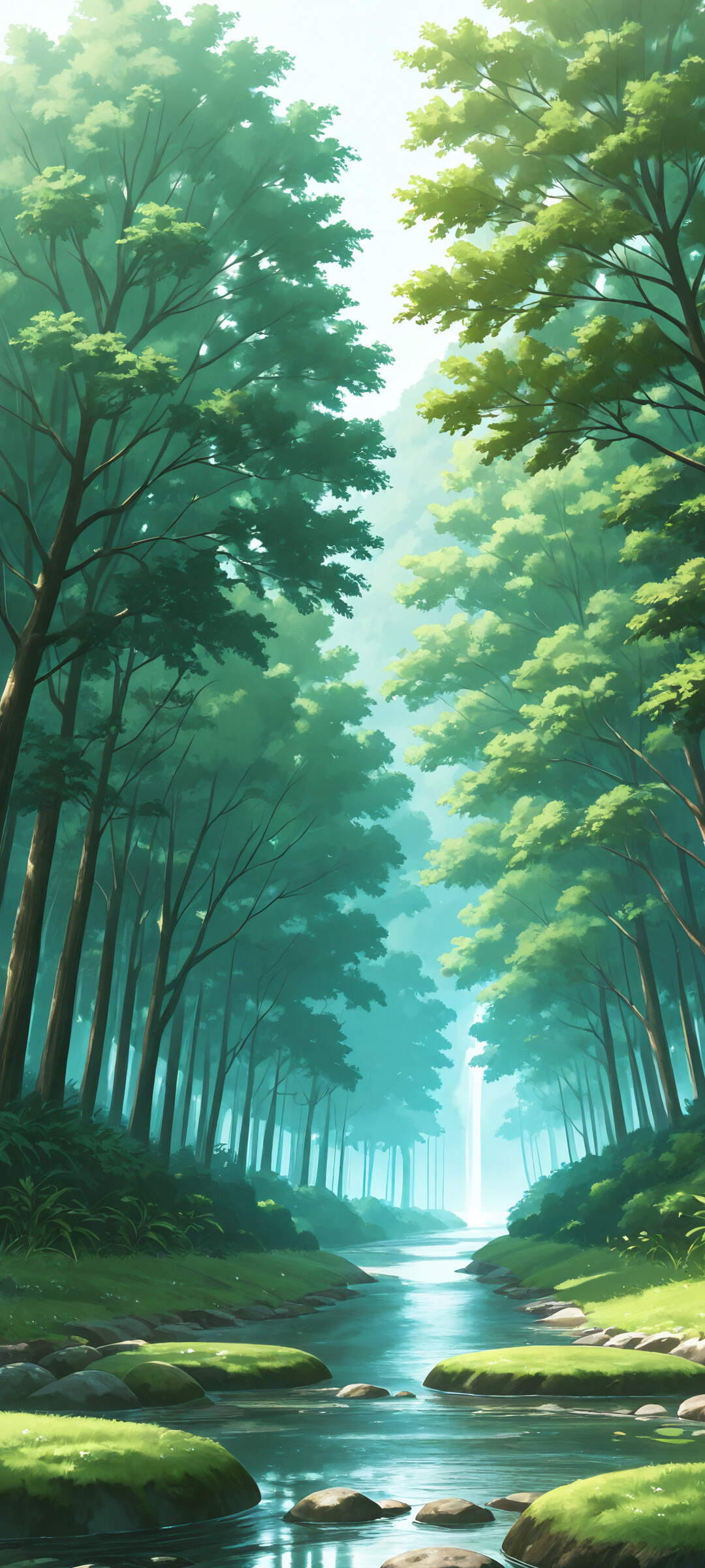 Eine im Anime-Stil gestaltete Landschaft: Ein klarer, ruhiger Fluss fließt durch ein grünes Tal mit üppigem Gras, Kiefern und sanften Hügeln unter einem blauen Himmel.