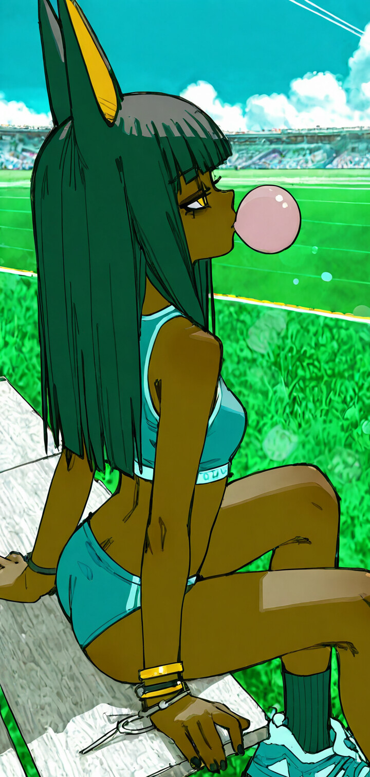 Eine Illustration von Ankha aus dem Spiel Animal Crossing, die sie als menschliches Mädchen mit dunkler Haut, schwarzen Haaren und großen Schakaleohren zeigt. Sie trägt ein blaues Sportoutfit und bläst in einem sonnigen Stadion eine Kaugummiblase.