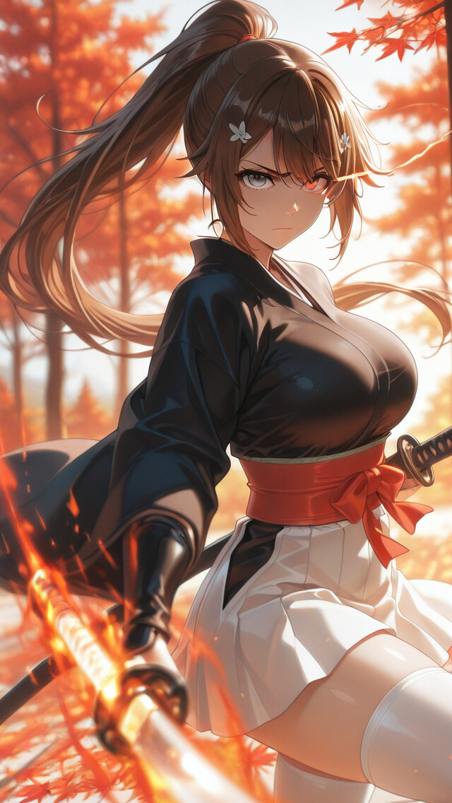 Ein Anime-Mädchen mit langem, braunem Haar, das zu einem Pferdeschwanz gebunden ist, und einem ernsten Gesichtsausdruck trägt ein schwarzes Kimono und einen weißen Rock und hält in einer Kampfhaltung eine Katana mit Scheide in einem leuchtenden Herbstwald.