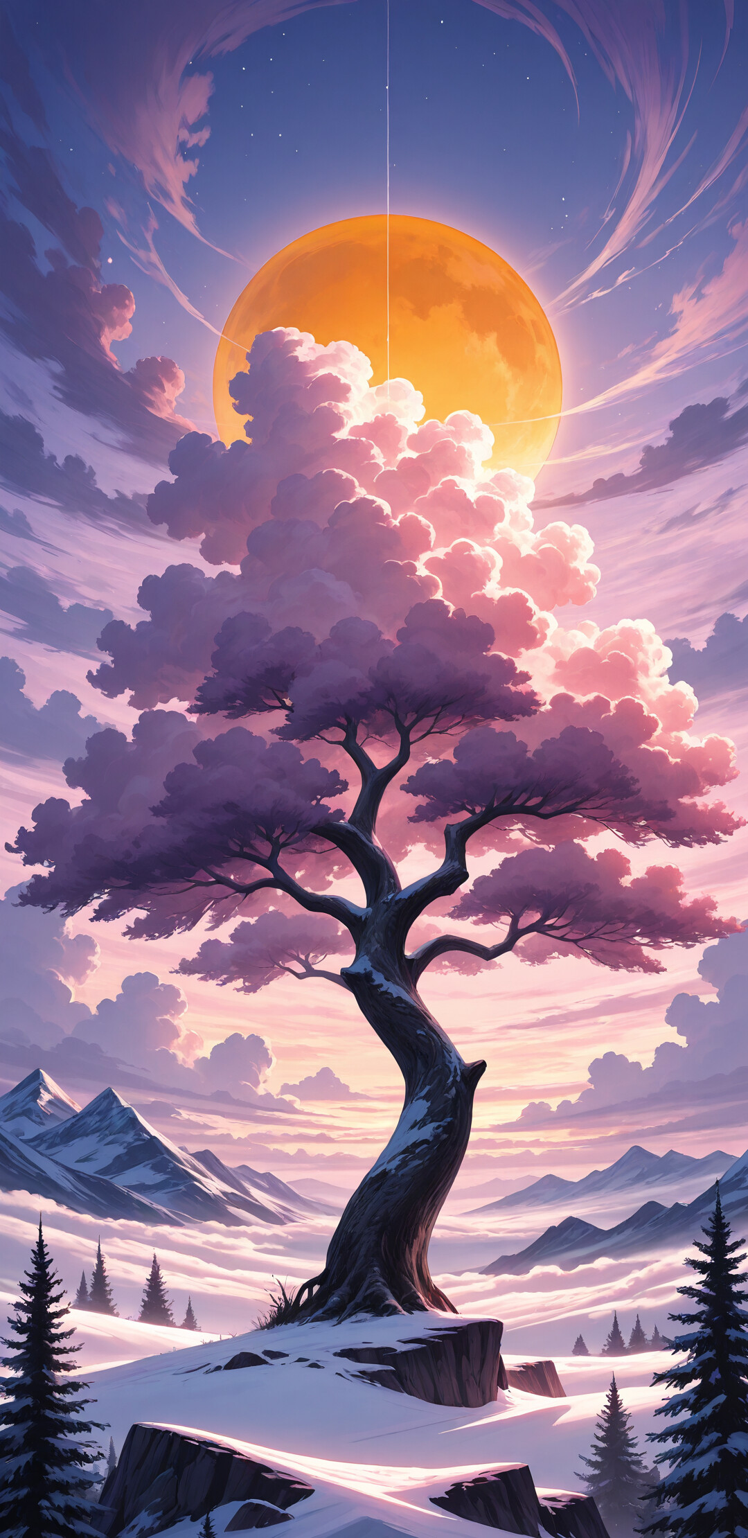 Ein majestätischer Kiefernbaum, der sich vor einem leuchtend violett- und rosafarbenen Sonnenuntergangshimmel abzeichnet, steht auf einer schneebedeckten Klippe und überblickt eine Bergkette, über der ein heller Stern und leuchtende Lichtspuren am Himmel zu sehen sind.