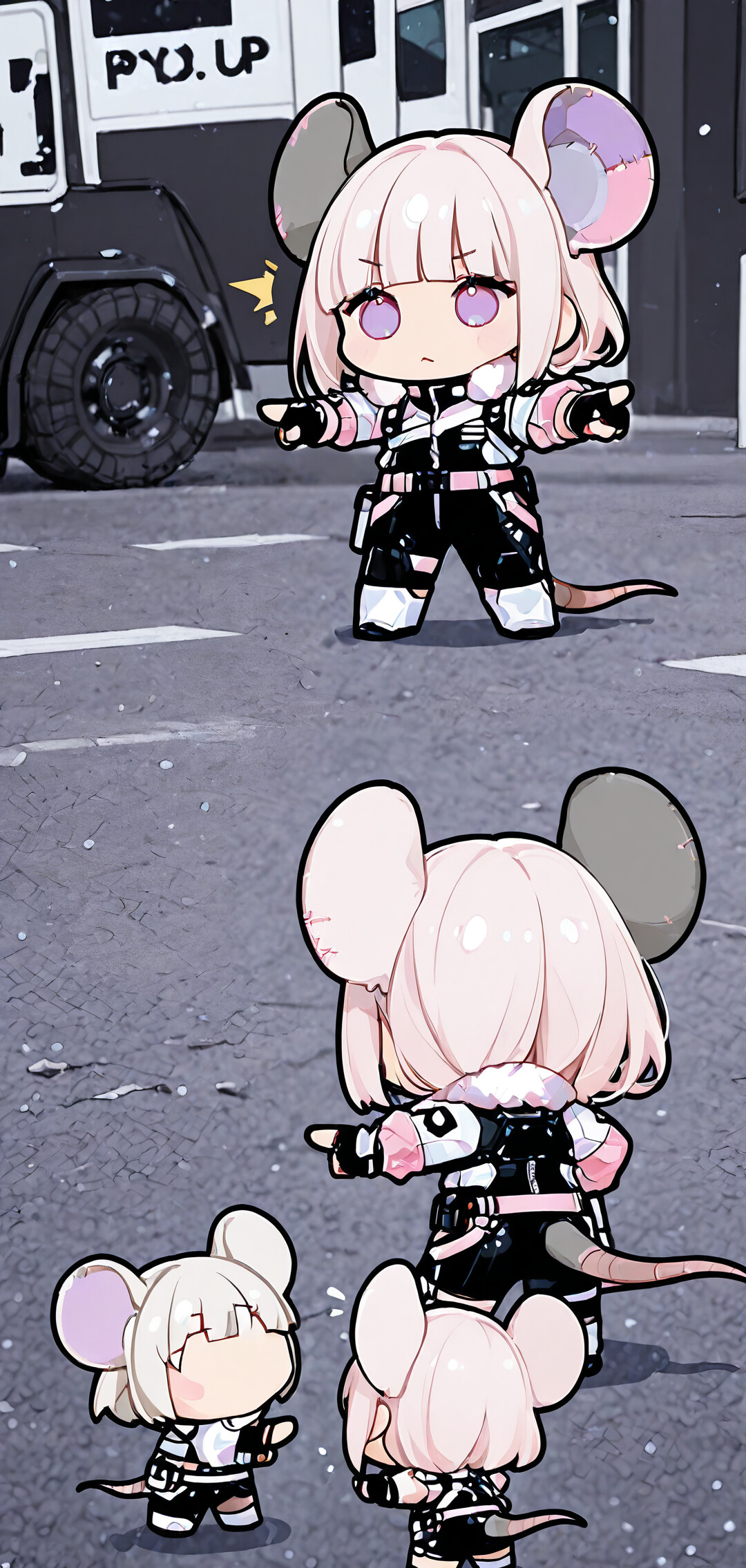 Drei identische, im Stil von Chibi gezeichnete Anime-Mädchen mit weißem Haar und großen Mäuseohren, gekleidet in futuristische, schwarz-rosa Outfits, stehen auf einer verschneiten Straße im Kreis und zeigen überrascht aufeinander, wobei sie auf das Spider-Man-Meme anspielen.