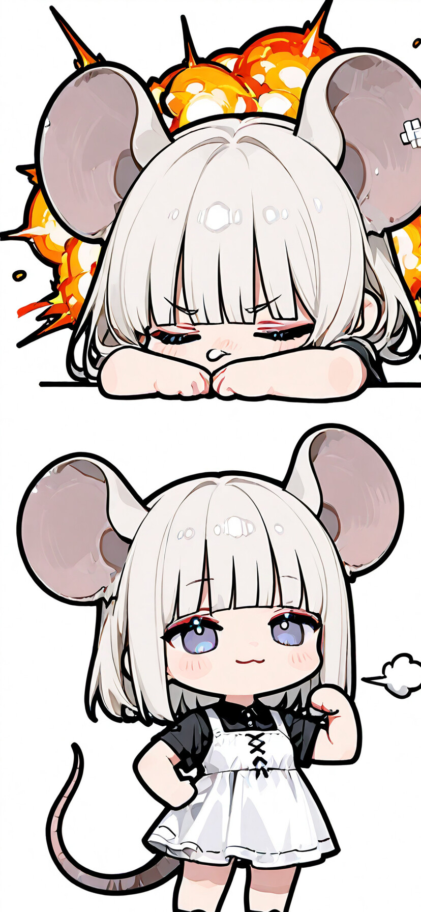 Ein Chibi-Anime-Mädchen mit großen Mäuseohren und silbernem Haar, das als Nazrin aus dem Touhou-Projekt identifiziert wird. Sie trägt ein schwarzes Kleid und posiert selbstbewusst vor einer feurigen Explosion.