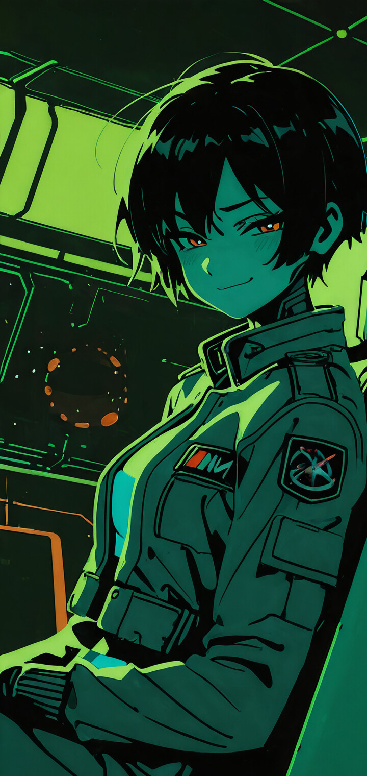 Eine im Anime-Stil gehaltene Illustration einer weiblichen Cyborg mit kurzen, dunklen Haaren, die in einem dunklen, grün beleuchteten, futuristischen Raum spöttisch lächelt. Sie trägt eine Pilotjacke mit einem leuchtenden „02“-Aufnäher am Ärmel.