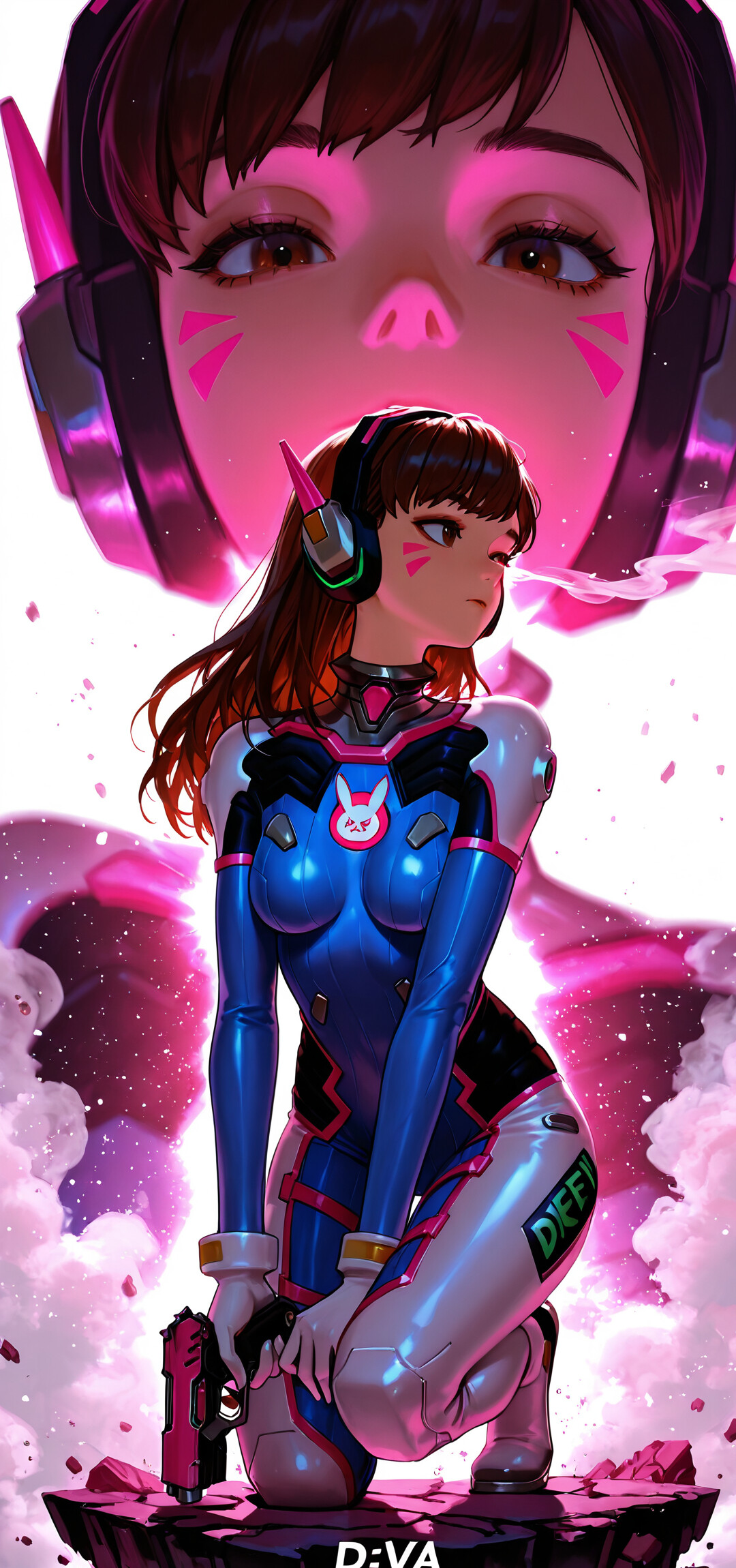 Eine Ganzkörperillustration von D.Va aus dem Spiel Overwatch, die auf einem rosa-schwarz karierten Boden kauert. Sie trägt ihren Pilotenanzug, hält eine rosa Pistole und blickt über ihre Schulter. Im Hintergrund ist ein großes, rosa-farbenes Nahaufnahmebild ihres Gesichts zu sehen.
