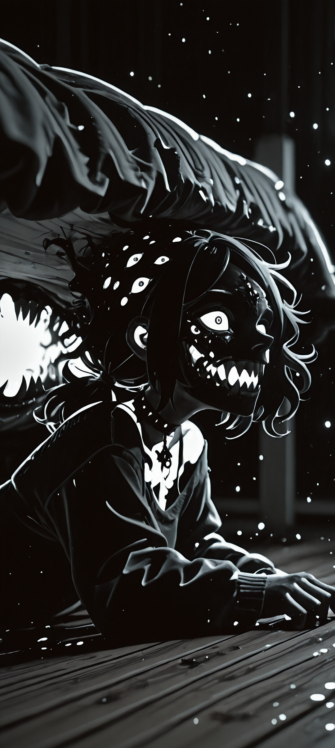 Eine düstere und unheimliche Illustration von Ashley Graves aus „Der Sarg von Andy und Leyley“, die sie als Monster zeigt. Sie liegt auf einem Holzboden unter einem Bett, umgeben von vielen leuchtend roten Augen und einem grimmigen, zahnreichen Grinsen.