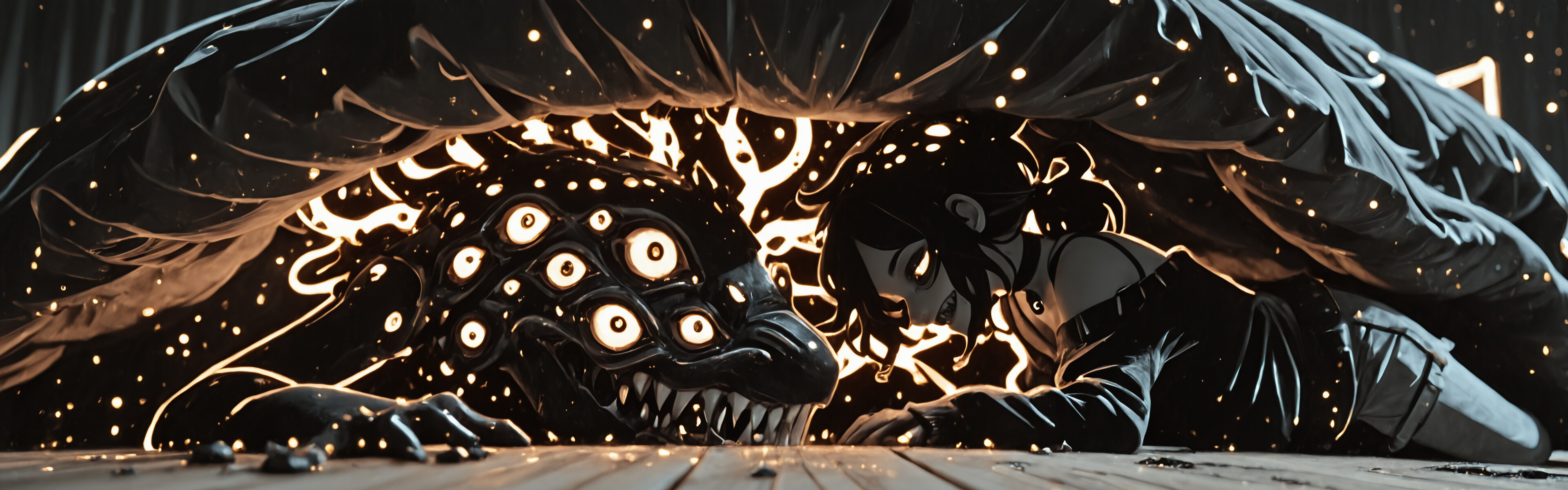 Eine düstere und unheimliche Illustration von Ashley Graves aus „Der Sarg von Andy und Leyley“, die sie als Monster zeigt. Sie liegt auf einem Holzboden unter einem Bett, umgeben von vielen leuchtend roten Augen und einem grimmigen, zahnreichen Grinsen.