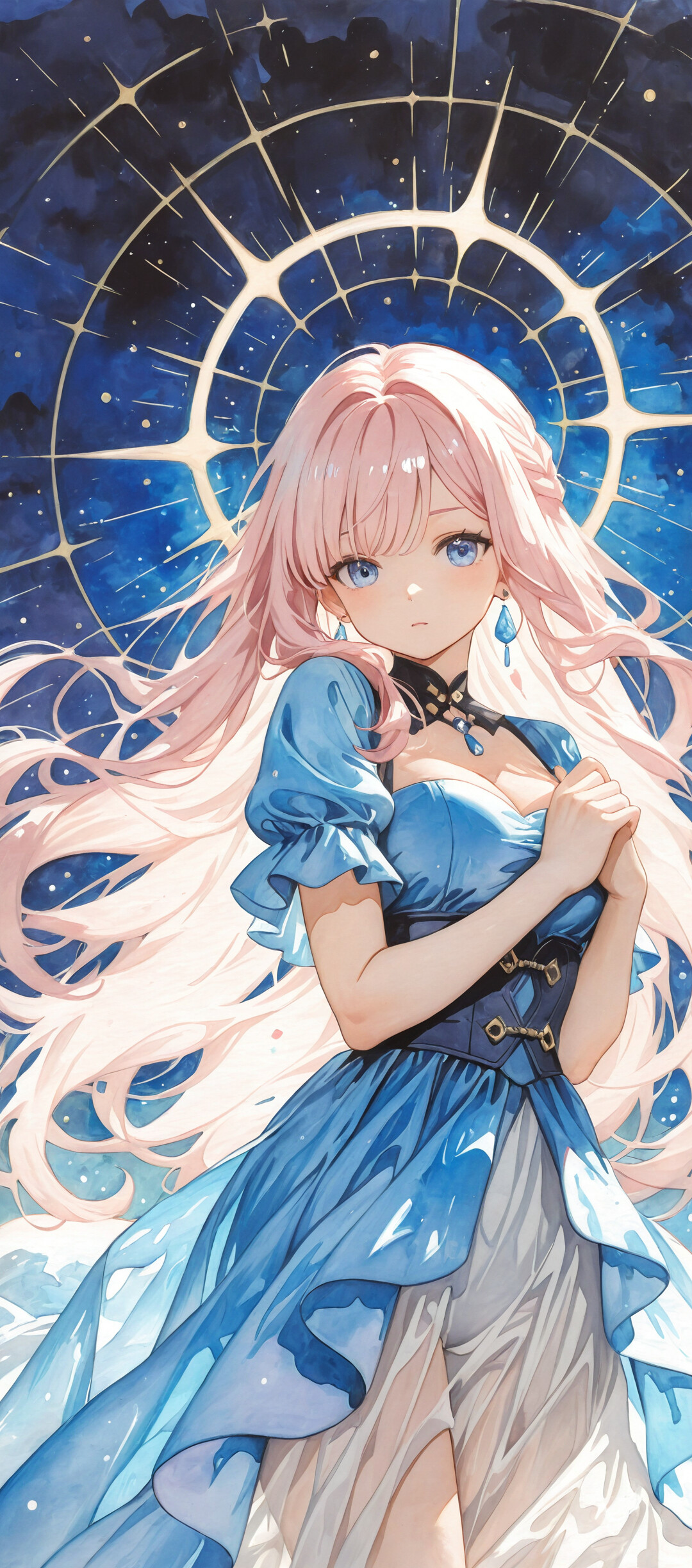 Eine im Anime-Stil gehaltene Illustration von Elysia aus „Honkai Impact 3rd“, einem wunderschönen Mädchen mit langen, pinkfarbenen Haaren und blauen Augen, das ein fließendes, hellblaues Kleid vor einem magischen, sternenübersäten Nachthimmel trägt.