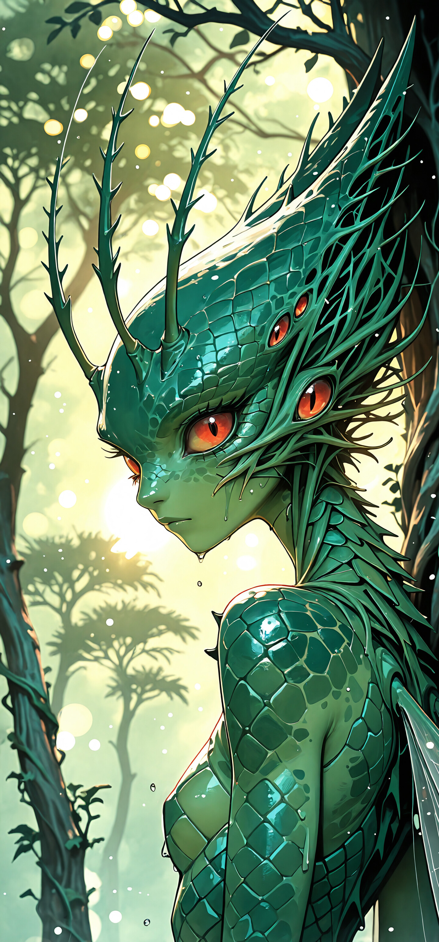 Eine im Anime-Stil gehaltene Illustration einer fantastischen Kreatur, die einem weiblichen Wesen ähnelt und sich in einem nebligen Wald befindet. Sie hat hellgrüne Haut, große rote Augen und eine Art Haarschopf aus dunkelgrünen Schuppen. Von ihrer Stirn ragen stachelige Fühler hervor, und ihr Gesichtsausdruck ist nachdenklich.