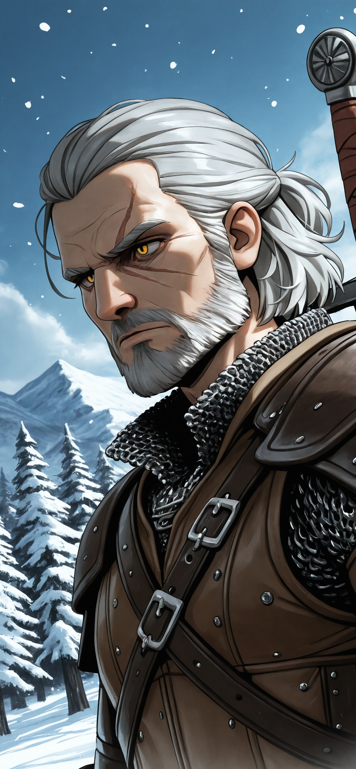 Eine Illustration von Geralt von Riva aus der Witcher-Reihe, mit weißem Haar, Bart und gelben Augen, der zur Seite blickt. Er befindet sich in einer verschneiten, bergigen Umgebung und trägt eine Leder- und Kettenhemdrüstung mit einem Schwert auf dem Rücken.