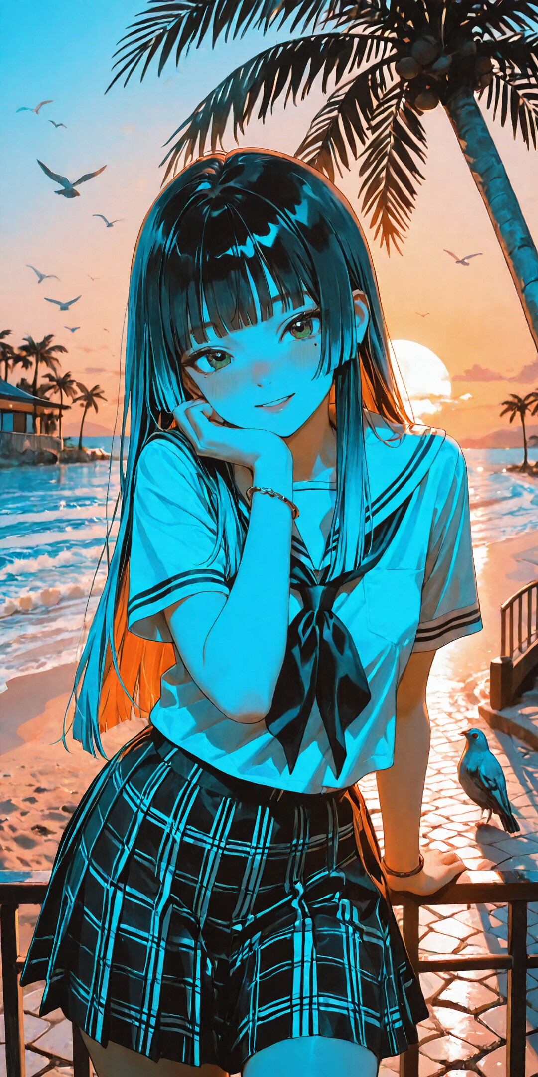 Ein Mädchen im Anime-Stil mit langen, blauen Haaren und grünen Augen, das eine Schuluniform im Matrosenstil trägt, lehnt an einem Geländer und lächelt. Im Hintergrund ist eine wunderschöne Strandlandschaft mit einer untergehenden Sonne, Palmen und Vögeln zu sehen, die am Himmel fliegen.