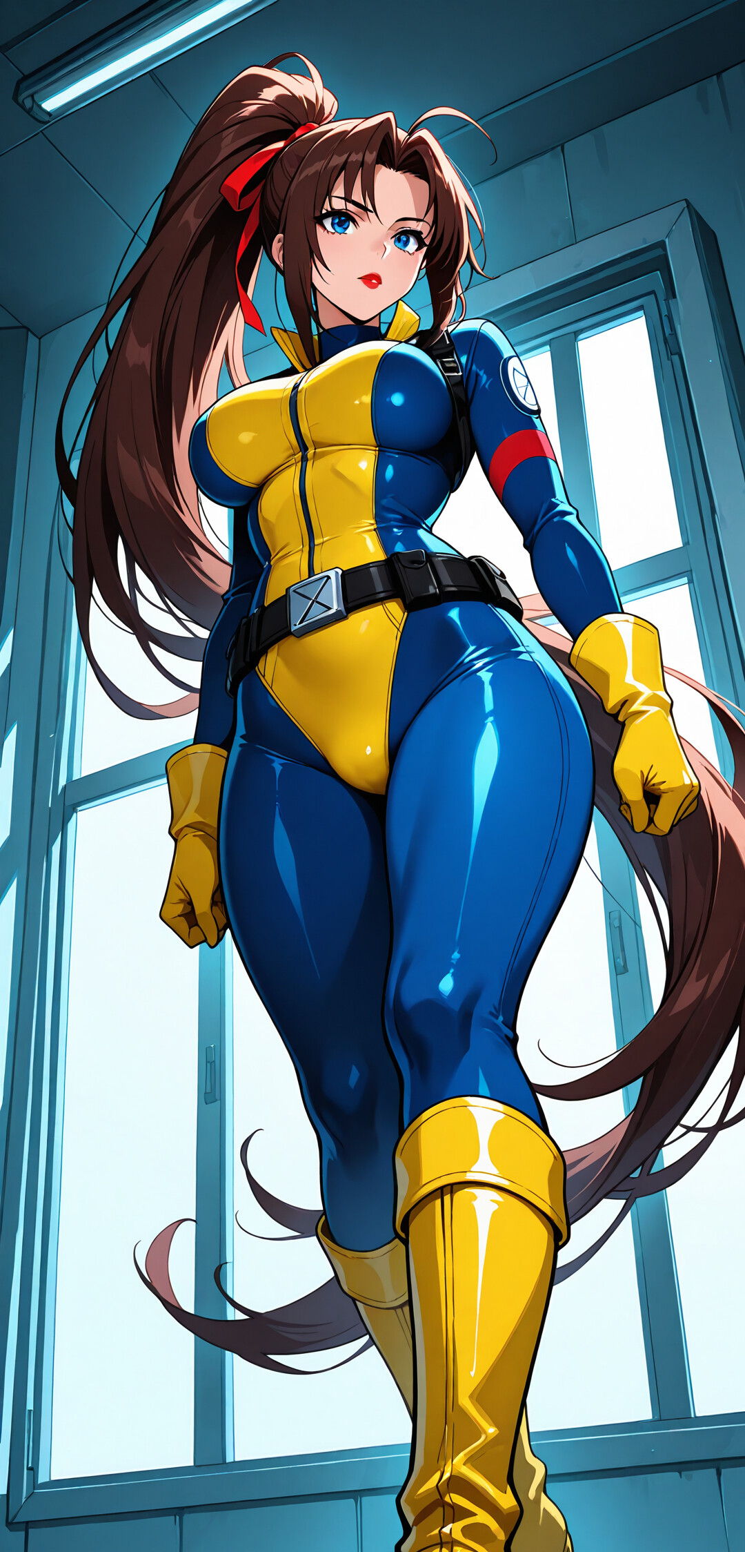 Eine Aufnahme aus einem niedrigen Winkel zeigt Jean Grey von den X-Men in ihrem klassischen blau-gelben Trainingsanzug. Sie posiert selbstbewusst mit langen, braunen Haaren, die zu einem Pferdeschwanz gebunden sind.