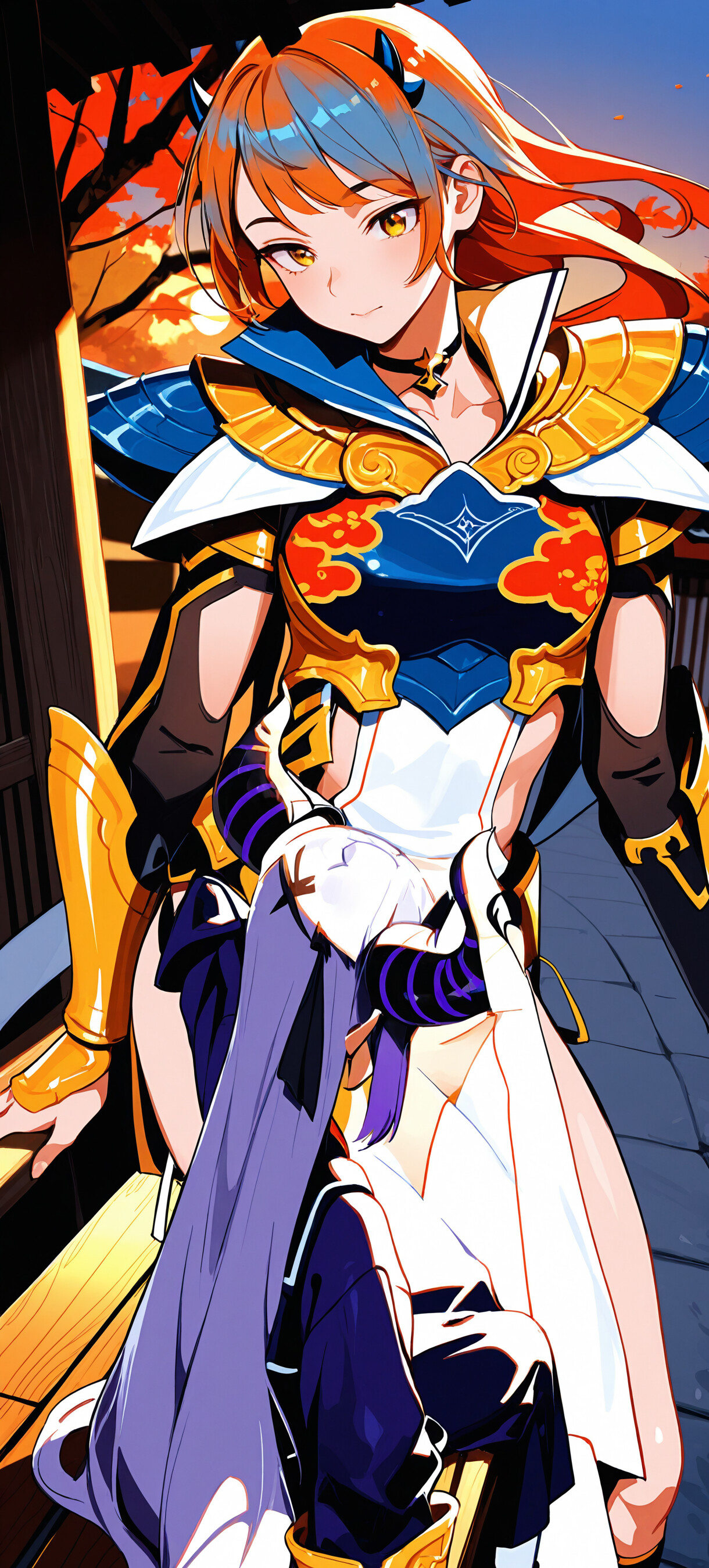 Eine im Anime-Stil gehaltene Illustration von La+ Darknesss aus Hololive, einem Mädchen mit violettem Haar und großen Hörnern, das auf einer Holzveranda in einer traditionellen japanischen Umgebung bei Sonnenuntergang sitzt und einen Dango-Spieß hält.