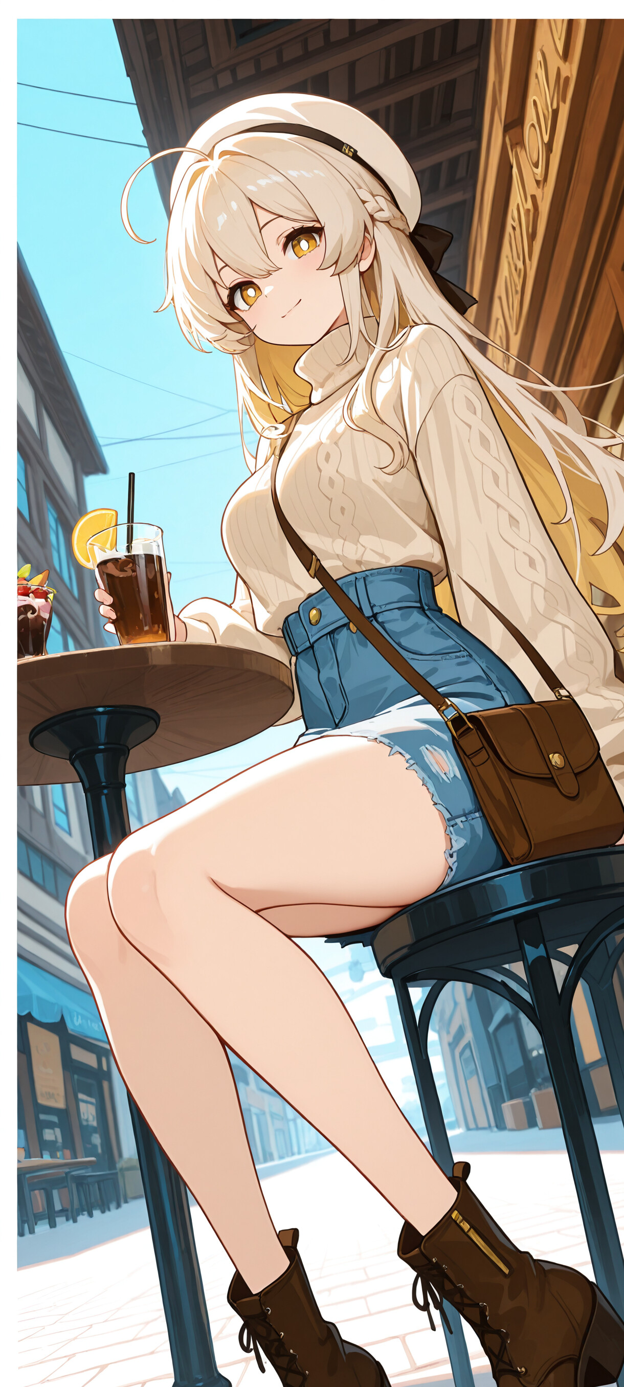 Lumine aus Genshin Impact, ein wunderschönes Anime-Mädchen mit langen, blonden Haaren, sitzt auf einer Parkbank in der Stadt. Sie trägt ein lässiges Outfit mit Pullover und Jeansshorts, lächelt und hält einen Eiskaffee in der Hand.