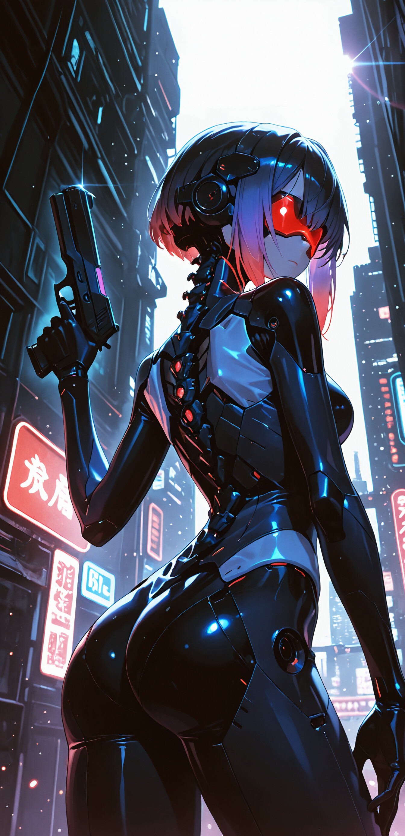 Eine im Anime-Stil gehaltene Illustration der Cyborg Motoko Kusanagi aus „Ghost in the Shell“. Sie hat kurze, violette Haare, ein rotes Visier und trägt einen schwarzen, kybernetischen Anzug, bei dem ein Teil ihrer mechanischen Wirbelsäule sichtbar ist. Sie hält eine Handfeuerwaffe und blickt über ihre Schulter in eine futuristische Stadt bei Nacht, die von Neonreklamen erleuchtet wird.