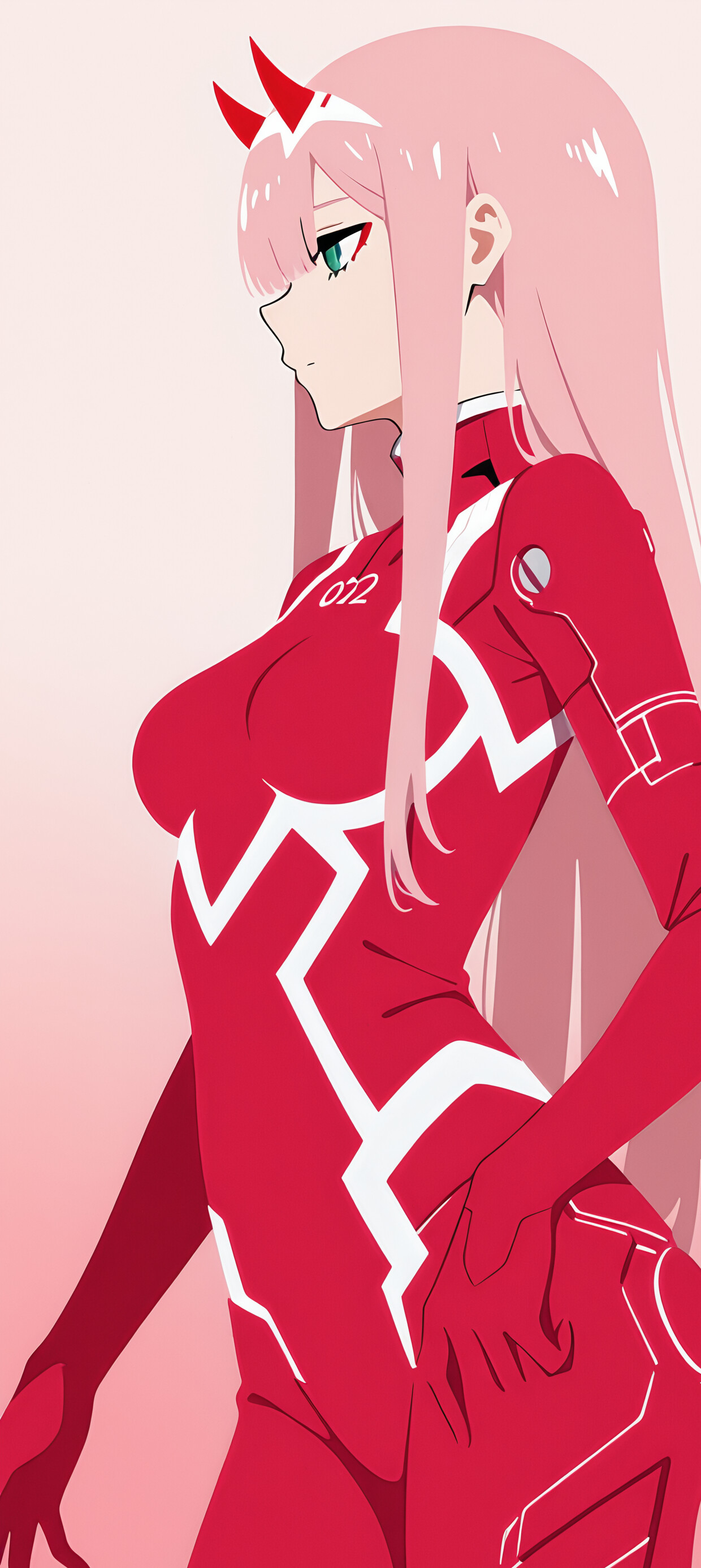 Eine minimalistische Seitenansicht-Illustration der Anime-Figur Zero Two. Sie hat langes, pinkfarbenes Haar, rote Hörner und einen roten Anzug. Ihr Gesicht und Körper bilden eine dunkle Silhouette vor einem pink- und blaufarbenen Farbverlaufshintergrund.