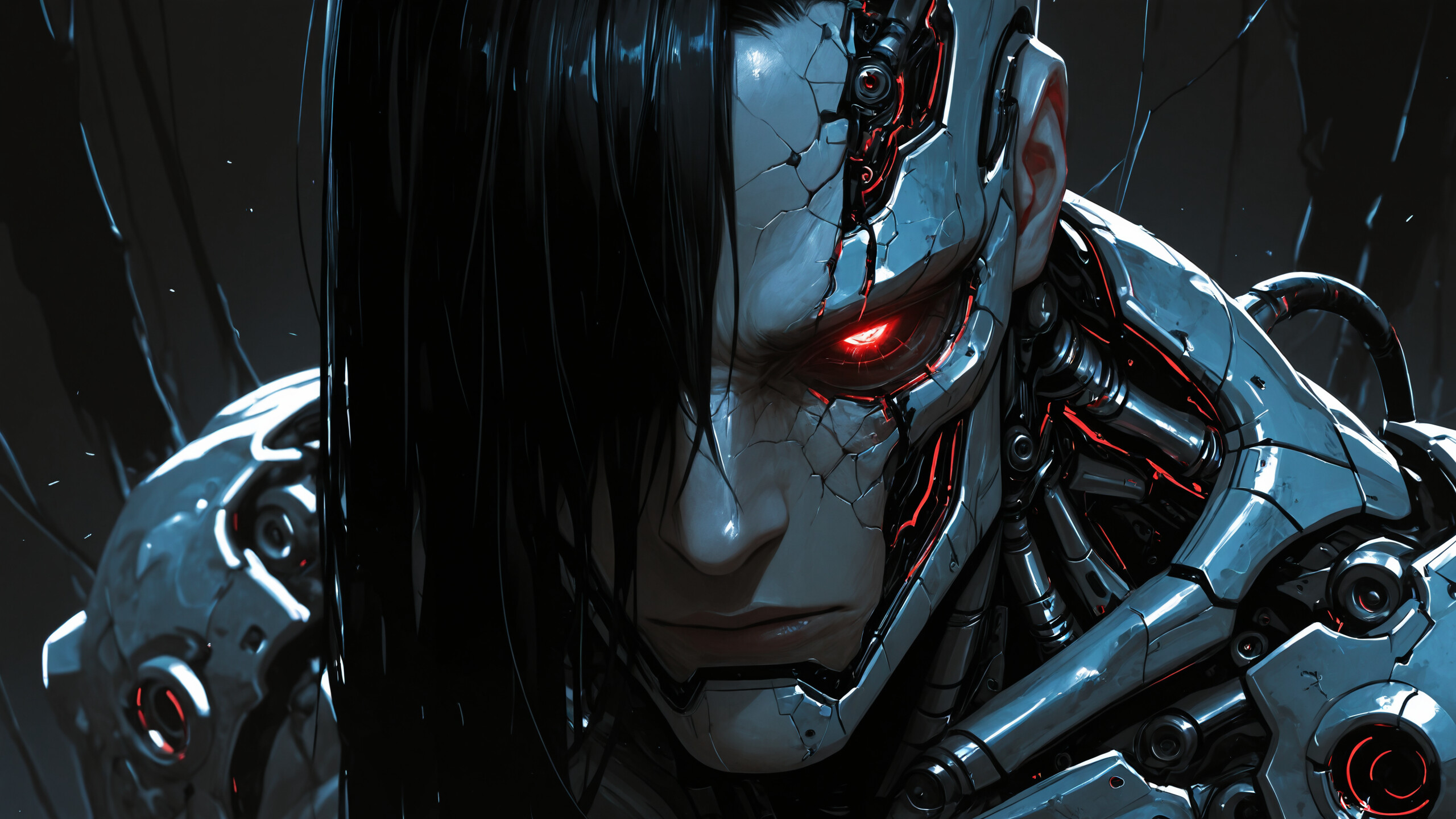 Porträt eines weißen, robotischen Skeletts, das frontal dargestellt wird. Es hat leuchtend rote Augen und einen beschädigten Schädel, durch den die schwarzen inneren Mechanismen sichtbar sind. Der Hintergrund ist dunkel.