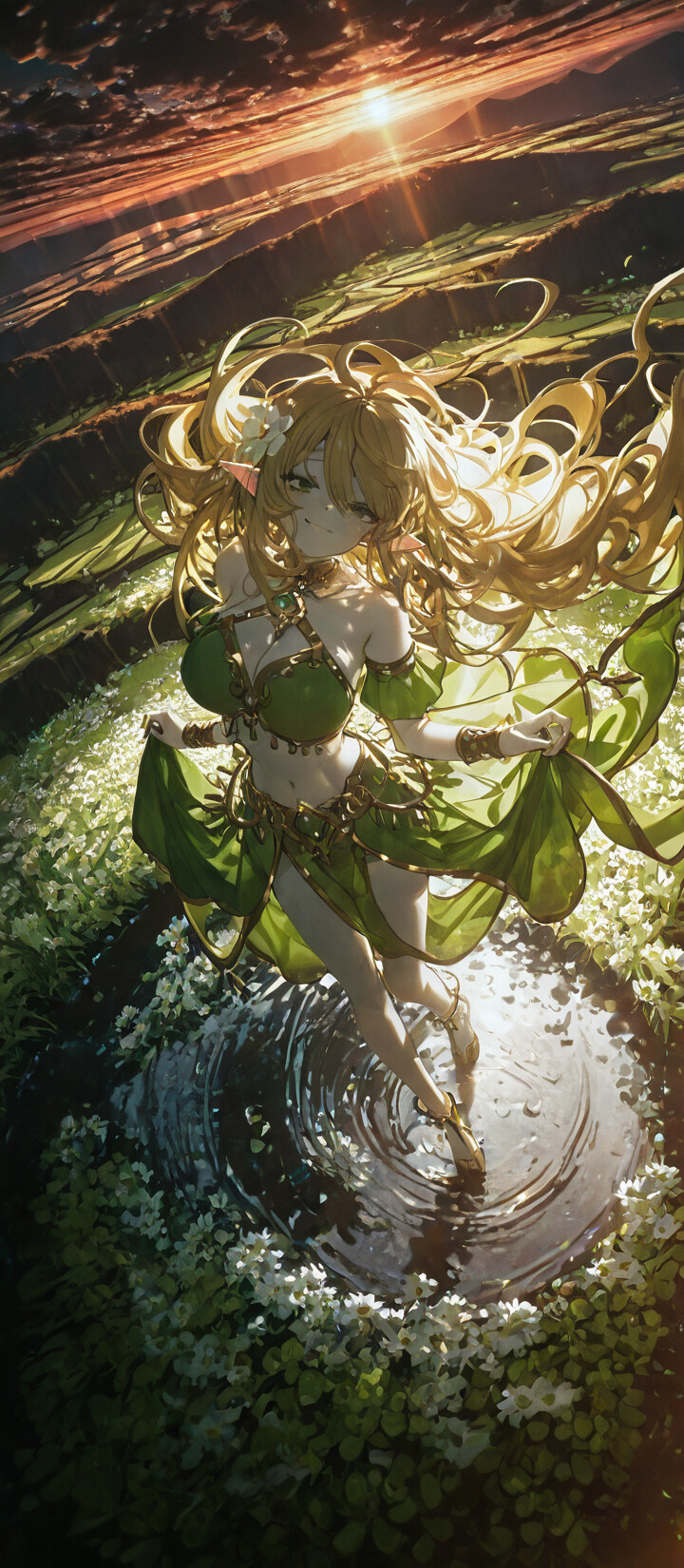 Eine Anime-Illustration der Elfe Shera L. Greenwood mit langem, blondem Haar und einem grünen Outfit, die in einem flachen Fluss tanzt, umgeben von weißen Blumen in einer sonnigen, grünen Landschaft.