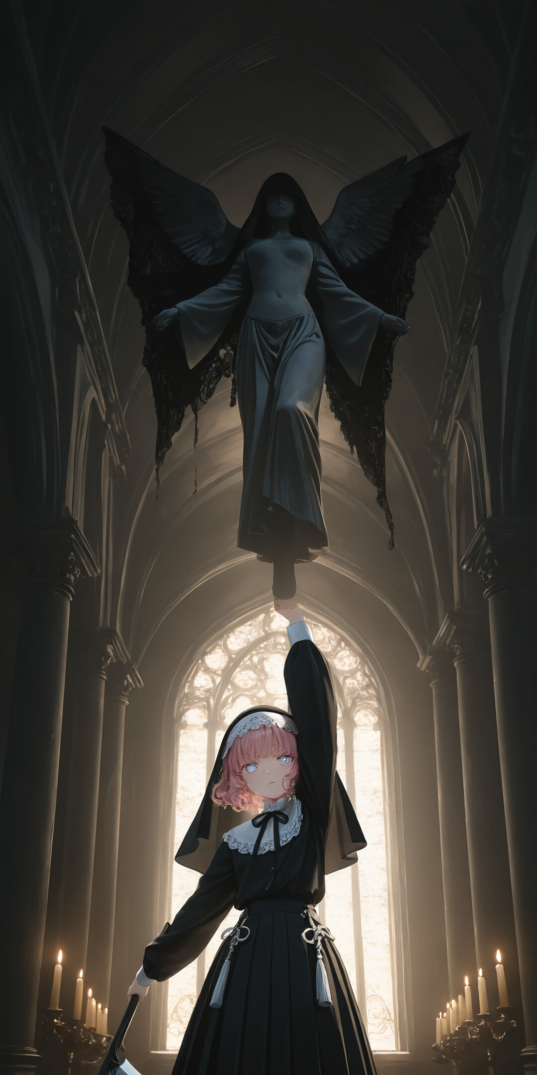Ein junges Anime-Mädchen mit kurzen, pinkfarbenen Haaren und blauen Augen, gekleidet wie eine Nonne in einem schwarzen Habit und Schleier, steht in einer dunklen, gotischen Kirche und hält eine große, kunstvoll verzierte Sense in den Farben Lila und Schwarz.