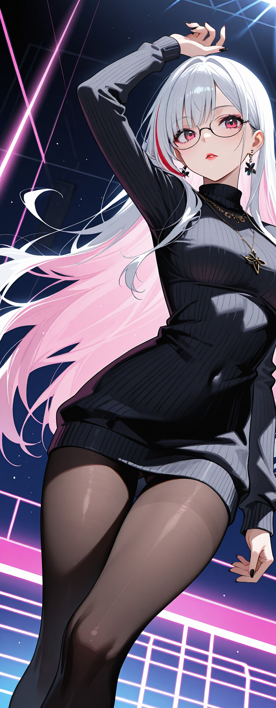 Ein Anime-Mädchen mit langem, weiß-blau-lila gesträhntem Haar, lilafarbenen Augen und einer Brille, das einen offenen schwarzen Cardigan, eine Halskette und Strumpfhosen vor dem Hintergrund leuchtend lila Linien trägt.