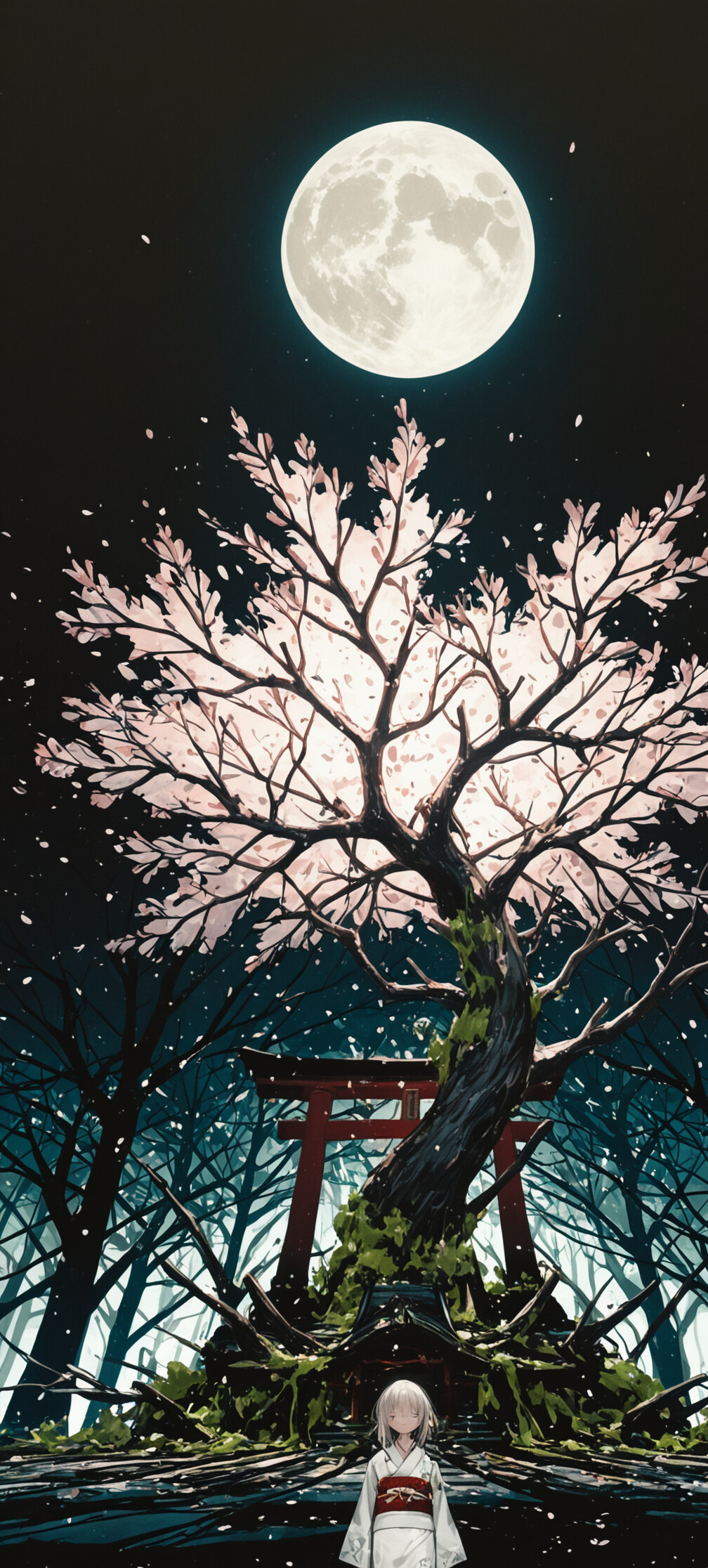 Eine im Anime-Stil gehaltene Illustration einer jungen Frau mit dunklen Haaren, die in einem schwarz-weißen Kimono vor einem roten Torii-Tor steht. Sie ist mit einem dunklen, knorrigen Baum verschmolzen, dessen mit Kirschblüten bedeckte Äste einen großen, vollen Mond hinter ihr einrahmen.