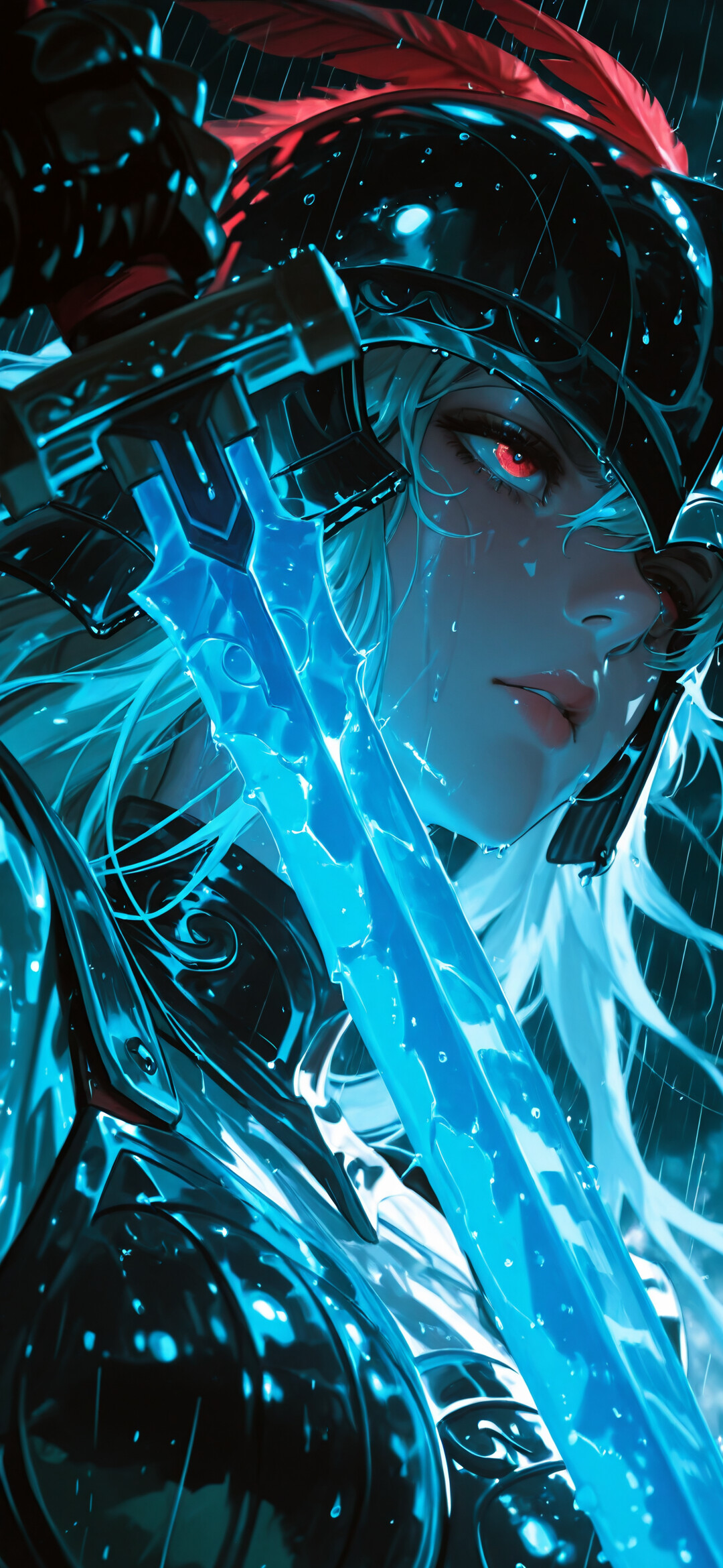 Ein im Anime-Stil gezeichnetes Porträt einer weiblichen Kriegerin mit langem, weißem Haar und leuchtend roten Augen. Sie trägt eine dunkle Rüstung und einen Helm mit einer roten Feder, und hält im Regen ein großes, leuchtend blaues Schwert.