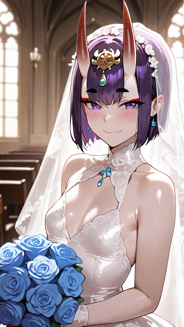 Shuten Douji aus Fate/Grand Order als Braut, lächelnd in einem weißen Brautkleid und Schleier in einer Kirche, hält einen Strauß blauer Rosen.