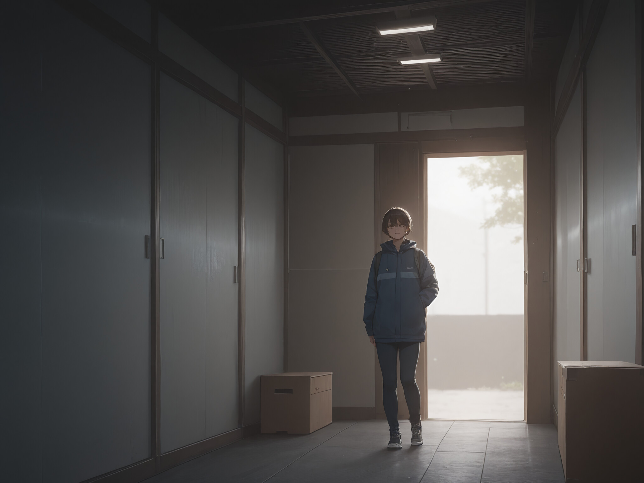 Eine junge Frau im Anime-Stil mit langen, blonden Haaren und einem langen, weißen Kleid steht vor einer dunkelgrünen Tür. Sie hält etwas in den Händen und wird von zwei großen Topfpflanzen flankiert, während ein sonniger Himmel darüber strahlt.