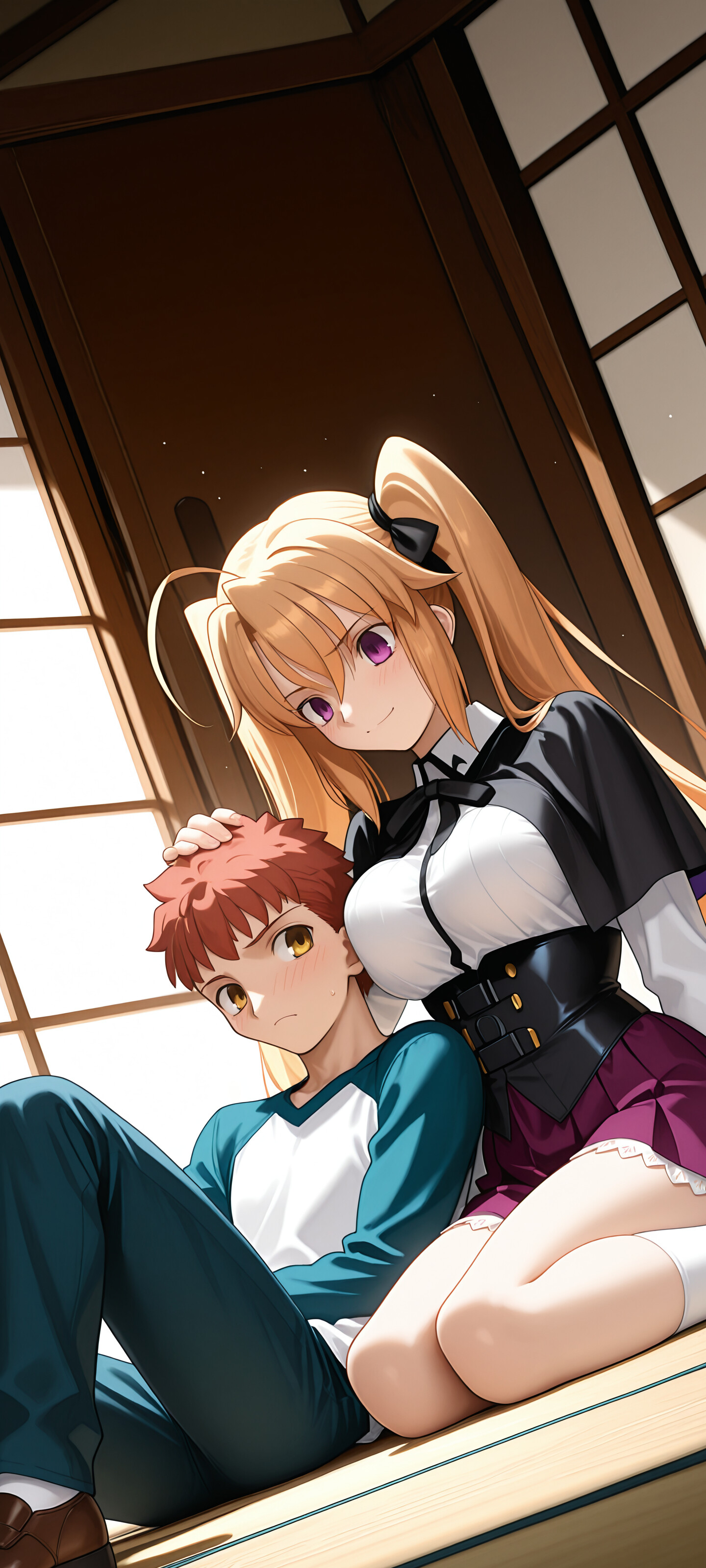 Eine Anime-Illustration, die eine Crossover-Szene aus „Fate/stay night“ und „High School DxD“ zeigt. Irina Shidou, ein blondes Mädchen mit zwei Zöpfen, kniet auf einem Bett und beugt sich über Shirou Emiya, einen rothaarigen Jungen, während sie ihm den Kopf streichelt. Er liegt da und blickt mit geröteten Wangen zu ihr auf.