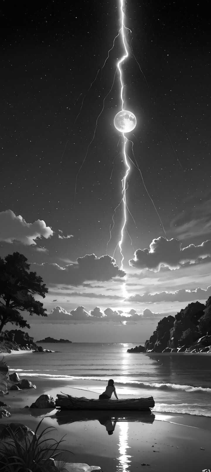 Ein Schwarz-Weiß-Bild einer Strandlandschaft bei Nacht. Ein großer, voller Mond und ein Blitz sind am Sternenhimmel zu sehen. Ein Baumstamm liegt am Sand, während sanfte Wellen an den Strand spülen. Im Hintergrund befindet sich eine felsige, bewaldete Klippe.