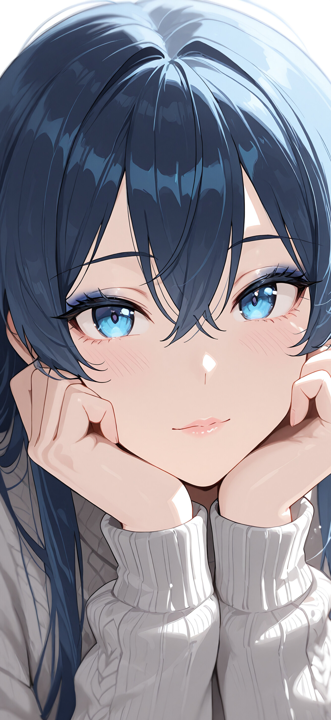 Ein digitales Porträt im Nahaufnahmeformat, das eine Figur mit kurz geschnittenem, hellblauem Haar und unglaublich detaillierten, blauen Augen zeigt. Die Figur blickt ruhig und gelassen nach vorn.