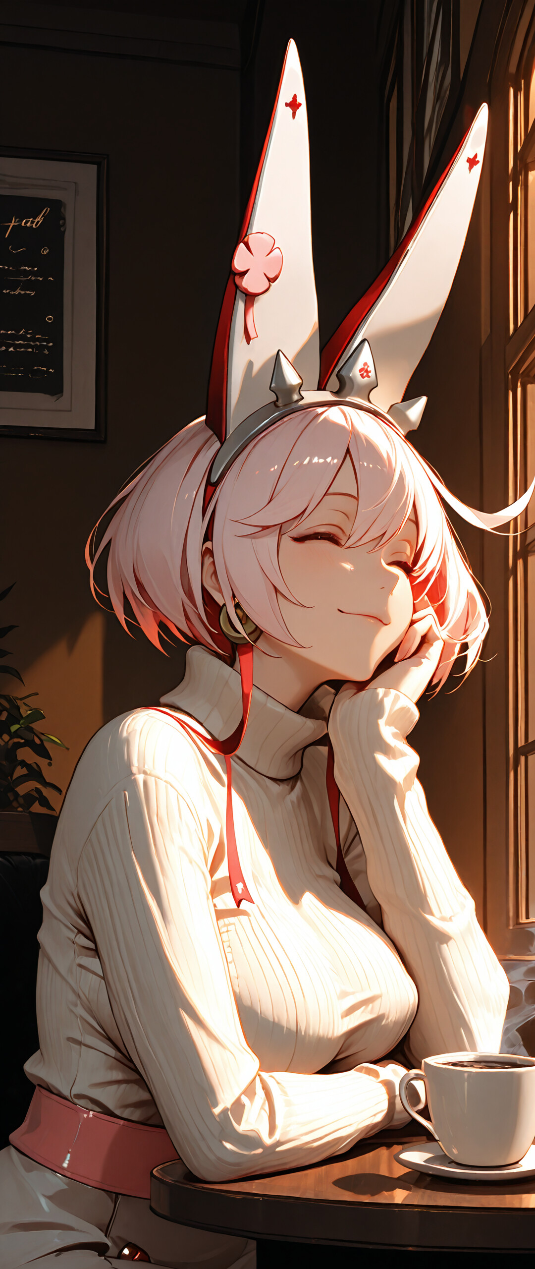 Eine im Anime-Stil gehaltene Illustration von Elphelt Valentine aus Guilty Gear. Sie hat kurze, pinkfarbene Haare, blaue Augen und große, weiße, hasenähnliche Ohren, die von einem stacheligen Stirnband geschmückt sind. Sie trägt einen weißen Rollkragenpullover und sitzt an einem Holztisch in einem Café. Sie lächelt sanft und stützt ihr Kinn auf ihre Hand. Eine Tasse Kaffee steht auf dem Tisch neben ihr.