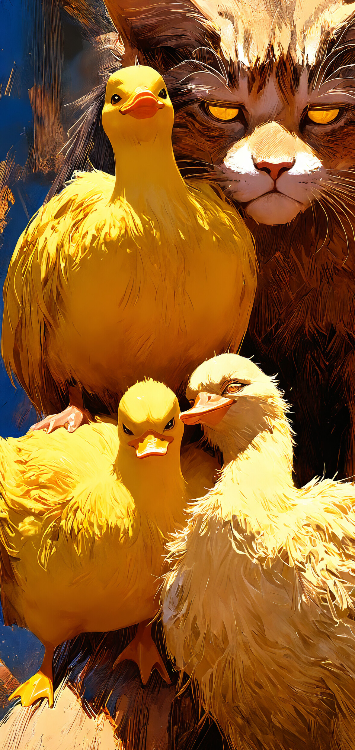 Eine detaillierte, malerische Illustration des Gesichts einer mürrischen, getigerten Katze in extrem naher Ansicht. Auf ihrem Kopf sitzen sechs kleine, leuchtend gelbe Gummi-Entchen wie eine Krone.