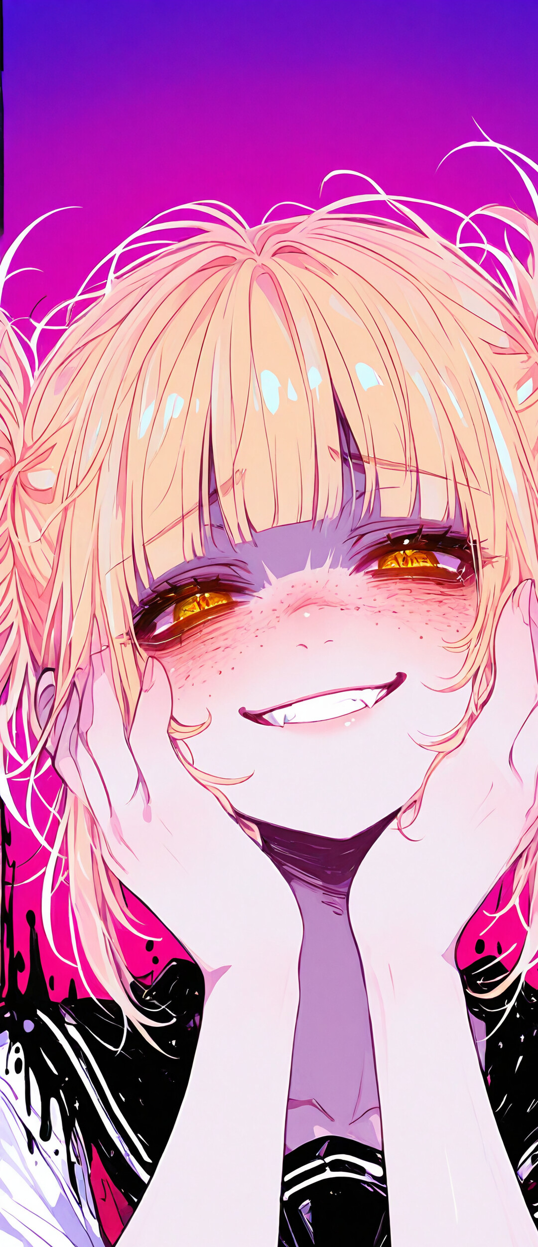 Ein im Anime-Stil gezeichnetes Porträt von Himiko Toga aus „My Hero Academia“. Sie hat unordentliche, blonde Zöpfe, goldene Augen und ein breites, zahnfletschendes Grinsen. Ihre Hände liegen auf ihren Wangen, und ihr Gesichtsausdruck ist beunruhigend fröhlich.