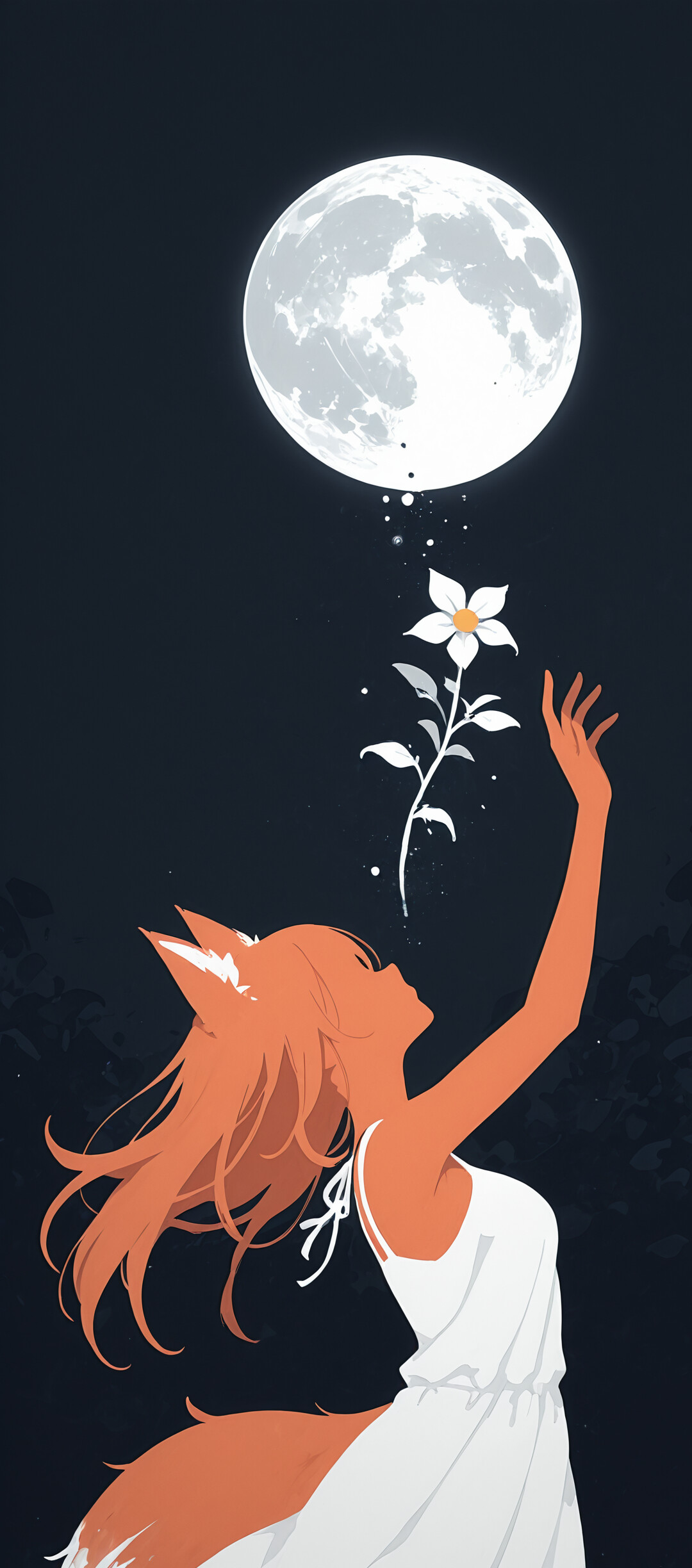 Eine Illustration von Holo aus der Anime-Serie „Spice and Wolf“, einem Mädchen mit orangefarbenen Fuchsöhren, langen orangefarbenen Haaren und einem großen Fuchsschwanz, das ein weißes Kleid trägt. Sie steht nachts auf einer Blumenwiese und streckt die Arme zum Vollmond empor.
