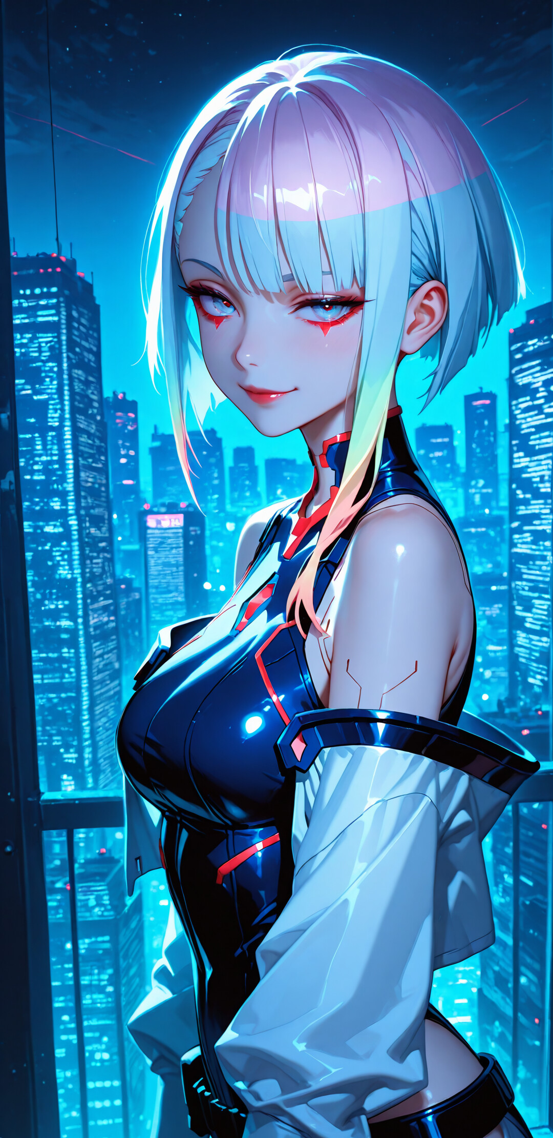 Eine im Anime-Stil gehaltene Illustration von Lucy aus „Cyberpunk: Edgerunners“, einer jungen Frau mit kurzen, weißen und regenbogenfarbenen Haaren, die den Betrachter mit einem verschmitzten Lächeln ansieht. Sie steht vor einem Fenster mit Blick auf eine futuristische Stadtlandschaft bei Nacht.