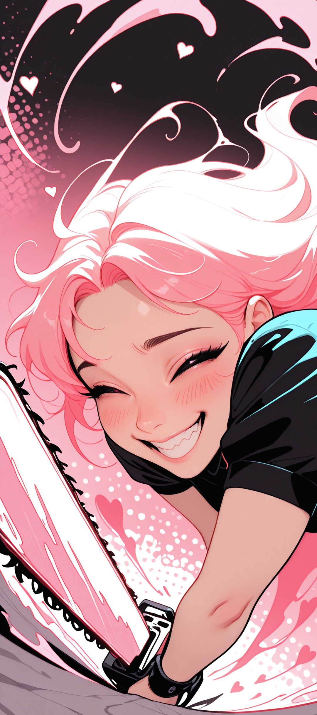 Ein Anime-Mädchen mit rosa Haaren, das ein Dienstmädchen-Kostüm trägt, lacht manisch, während es eine rosa Kettensäge hält. Im Hintergrund sind rosa Herzen und Wirbelmuster zu sehen.