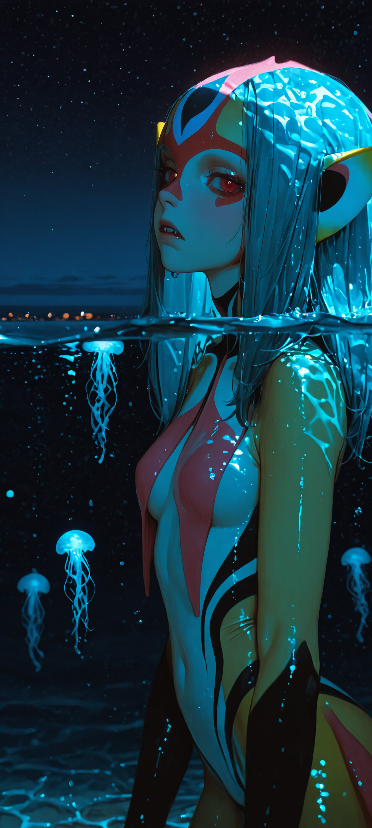 Eine Illustration der Anime-Figur Mutio aus „Blue Submarine No. 6“, die nachts am Strand steht. Auf ihrem Kopf sitzt eine große, biolumineszente, blaue Qualle wie ein Hut und beleuchtet ihr Gesicht und ihre grauen Haare vor dem Sternenhimmel.