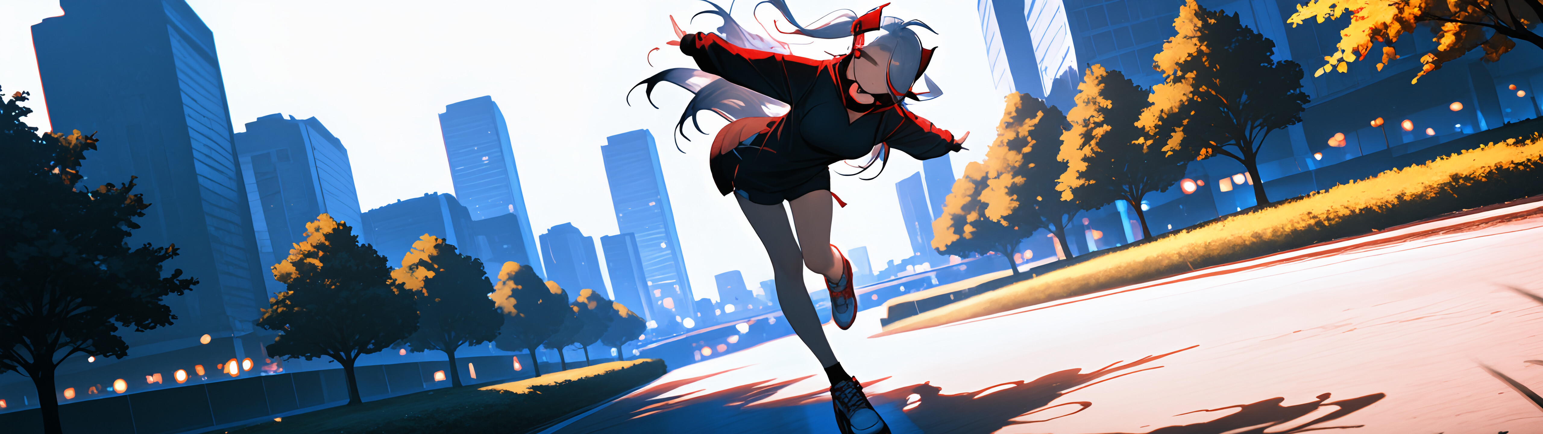 Eine Ganzkörperillustration der Anime-Figur Prinz Eugen aus Azur Lane, die auf einem Bürgersteig in einer Stadt steht. Sie hat langes, weißes Haar, trägt eine lässige schwarze Kapuzenjacke und Turnschuhe und lächelt fröhlich, wobei ein Arm ausgestreckt ist.