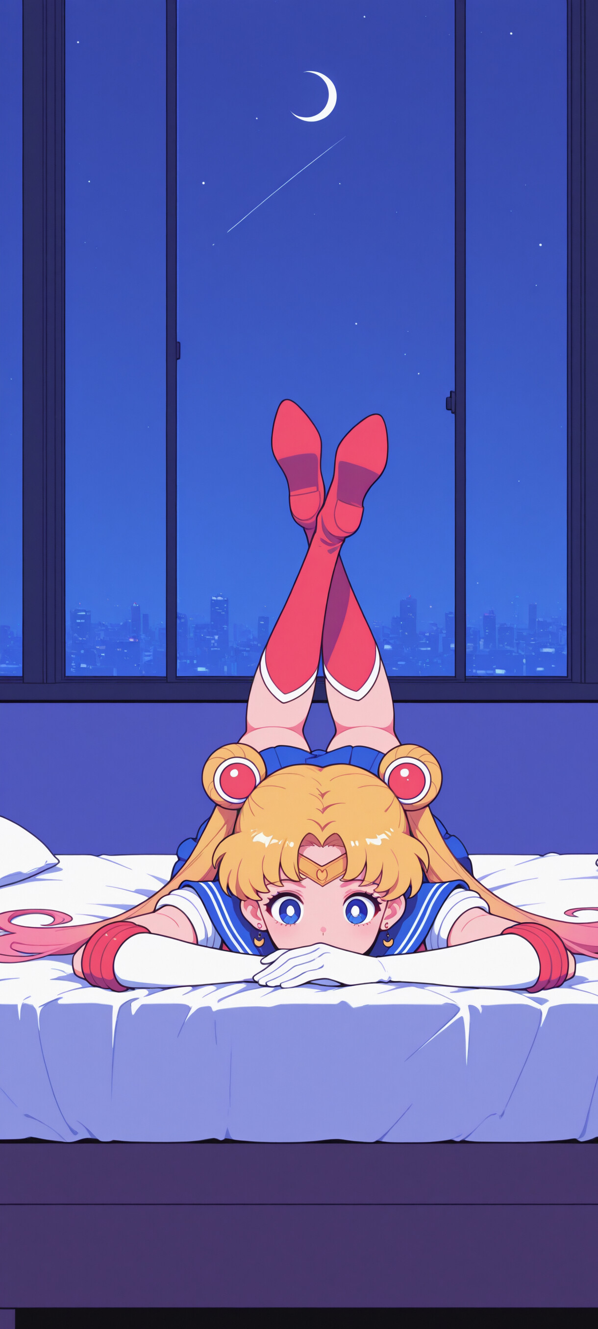 Sailor Moon, mit ihren charakteristischen blonden, zu Zöpfen gebundenen Haaren, liegt auf dem Bauch auf einem Bett und blickt direkt den Betrachter an. Hinter ihr ist durch ein großes Fenster eine lebendige Stadtlandschaft bei Nacht unter einem sternenübersäten Himmel zu sehen.