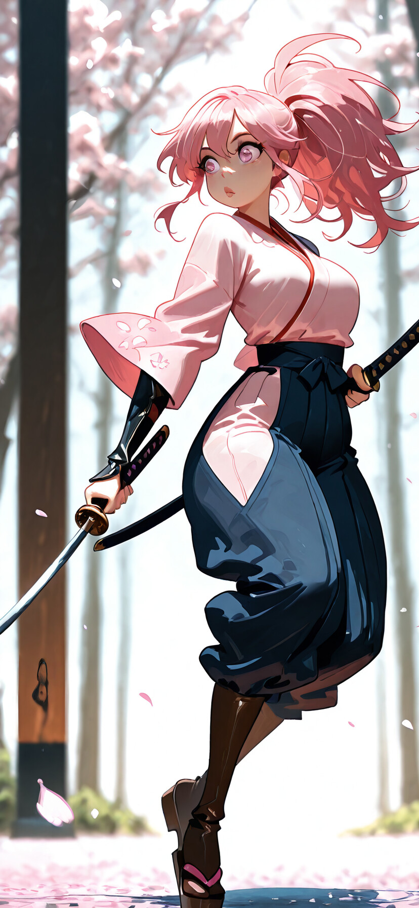 Eine im Anime-Stil gehaltene Illustration einer jungen Frau mit pinkfarbenem Haar, das sie zu einem hohen Pferdeschwanz gebunden hat. Sie trägt ein weißes Oberteil und eine pinkfarbene Hakama-Hose und hält in einem Wald, in dem Kirschblütenblätter herabfallen, ein Katana in einer defensiven Haltung.